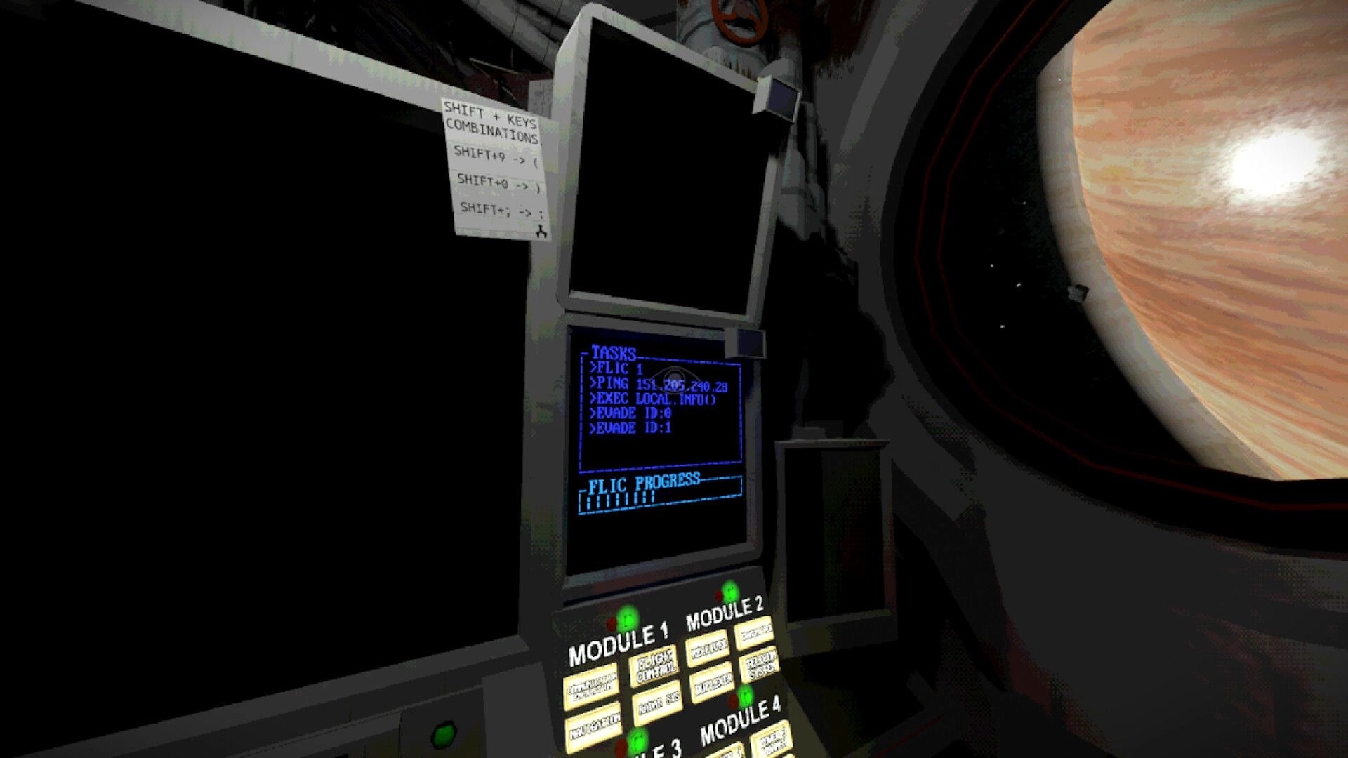 SIGNAL LOST: Control panel with task list and progress bar, Venus visible through spacecraft window