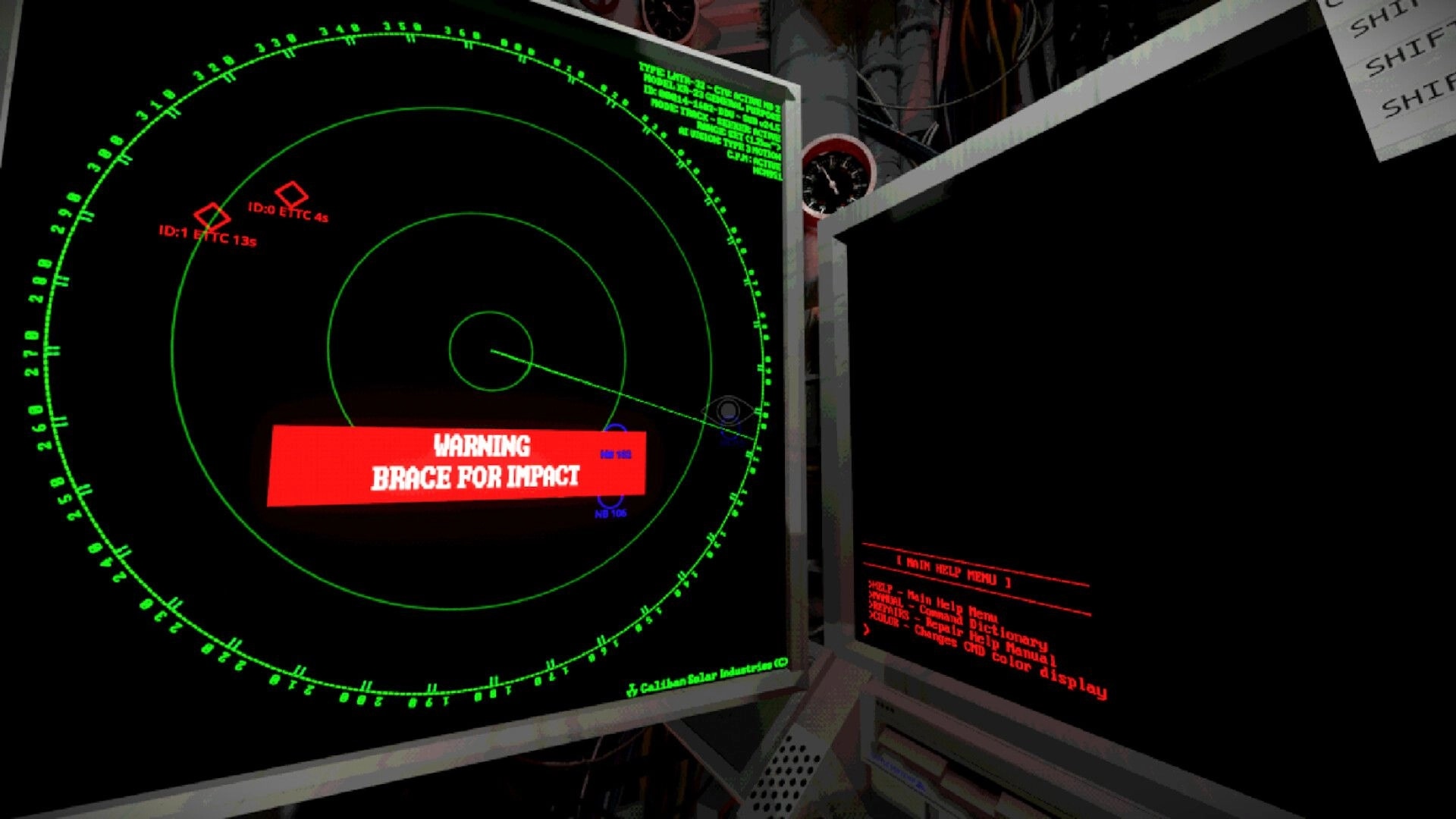 SIGNAL LOST: Radar screen showing "Warning Brace for Impact" alert in spacecraft control room