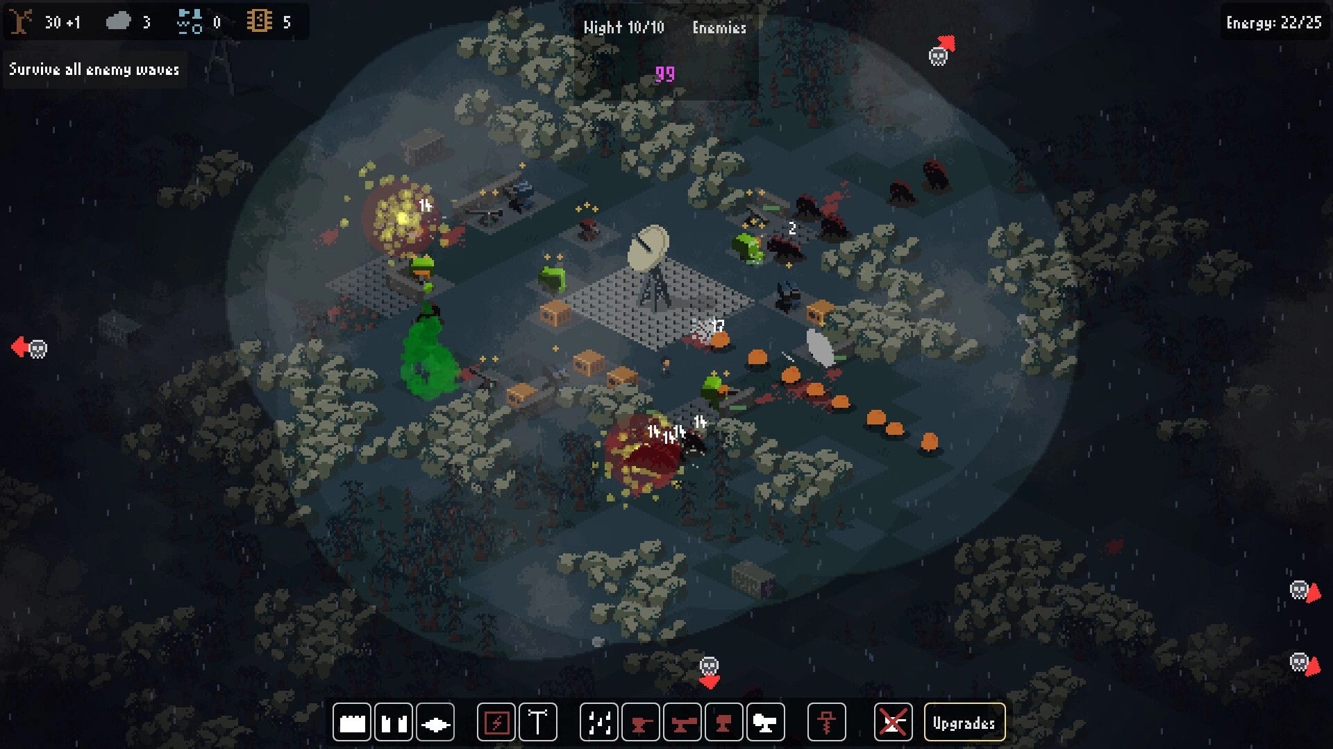 Signal Zone: Defending base at night with radar dish, enemy waves approaching through dense forest