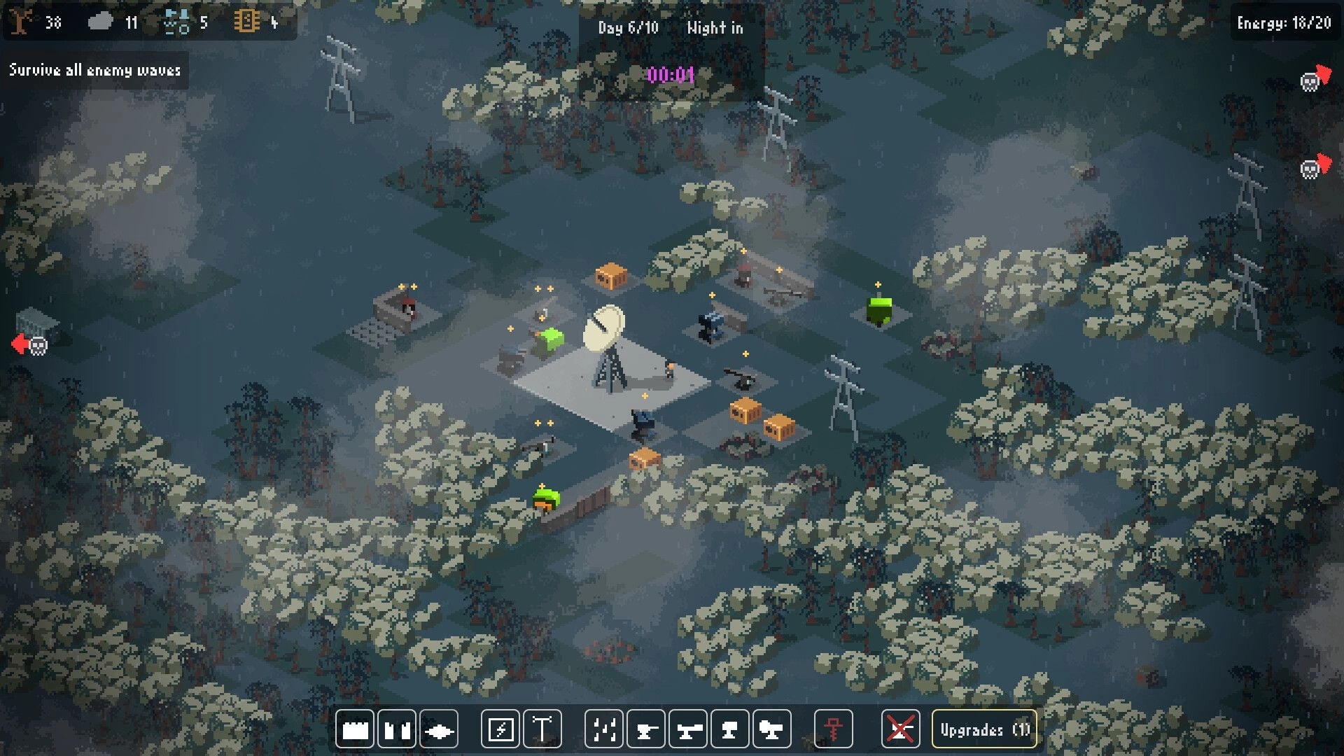 Signal Zone: Overhead view of base with radar dish surrounded by trees, crates, and enemy indicators