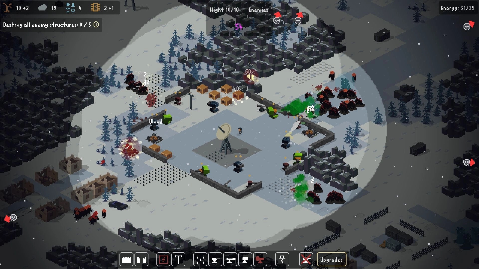 Signal Zone: Night base defense with turrets and enemies approaching in a snowy, forested environment