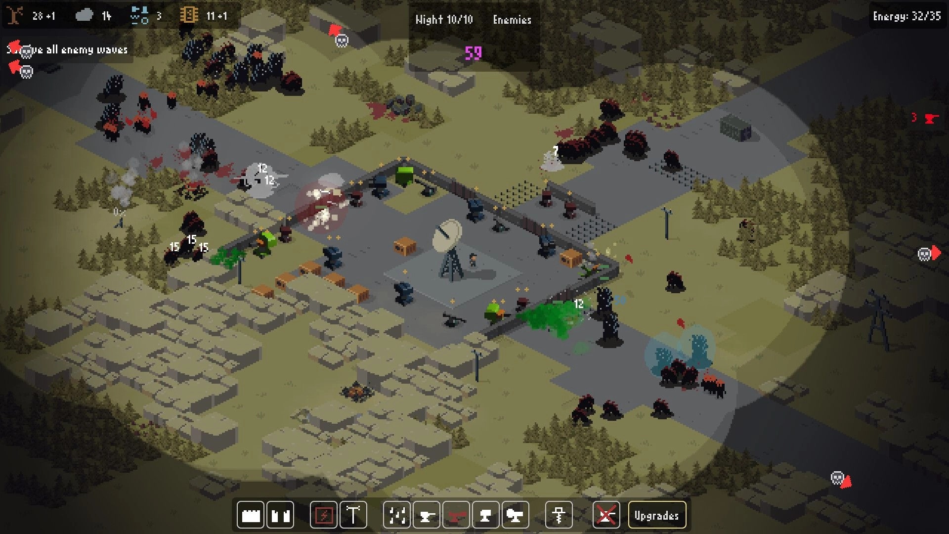 Signal Zone: Defending base with turrets against enemy waves during night in a forested landscape