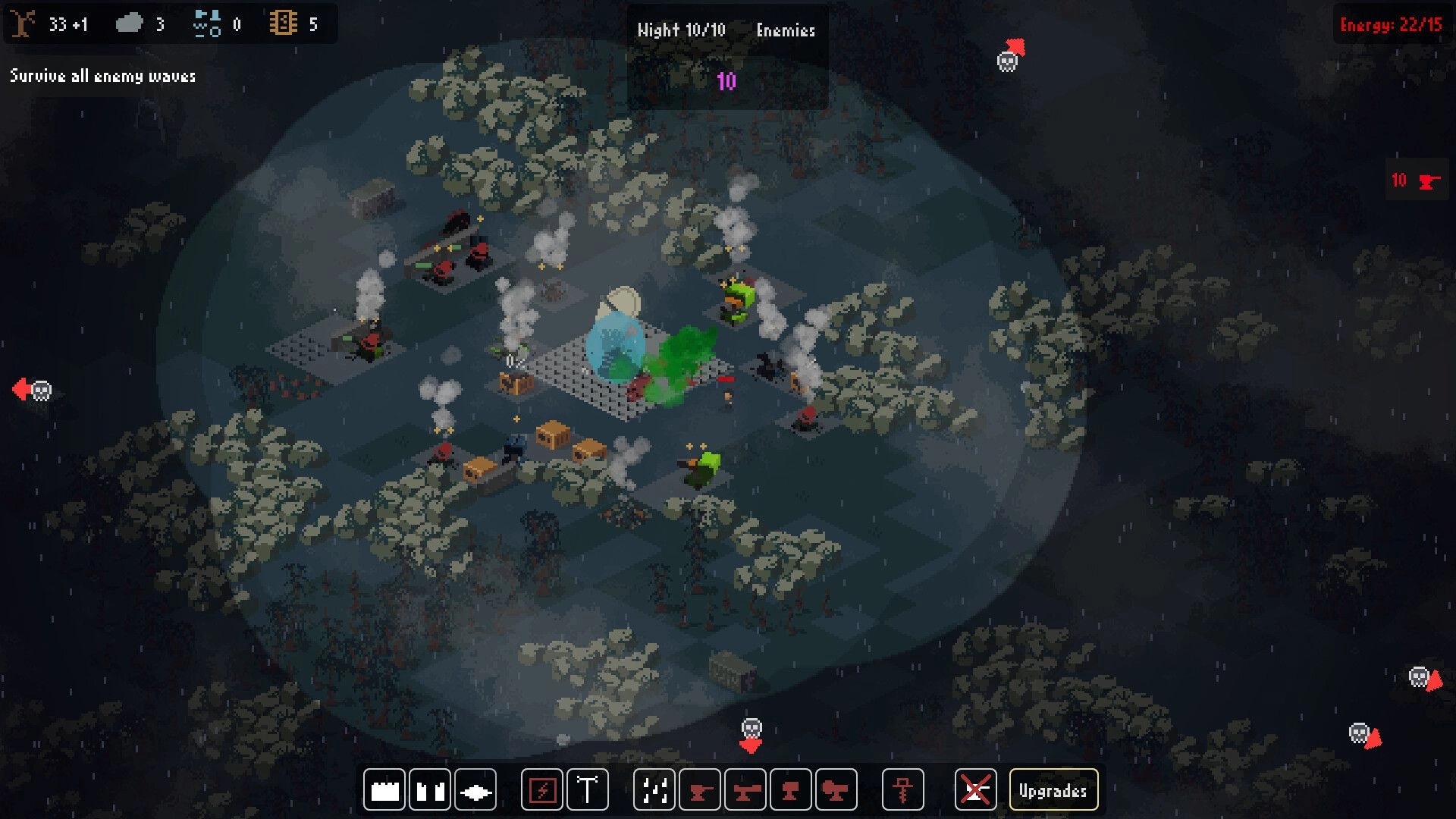 Signal Zone: Night defense with green creatures attacking base surrounded by trees and resource icons.