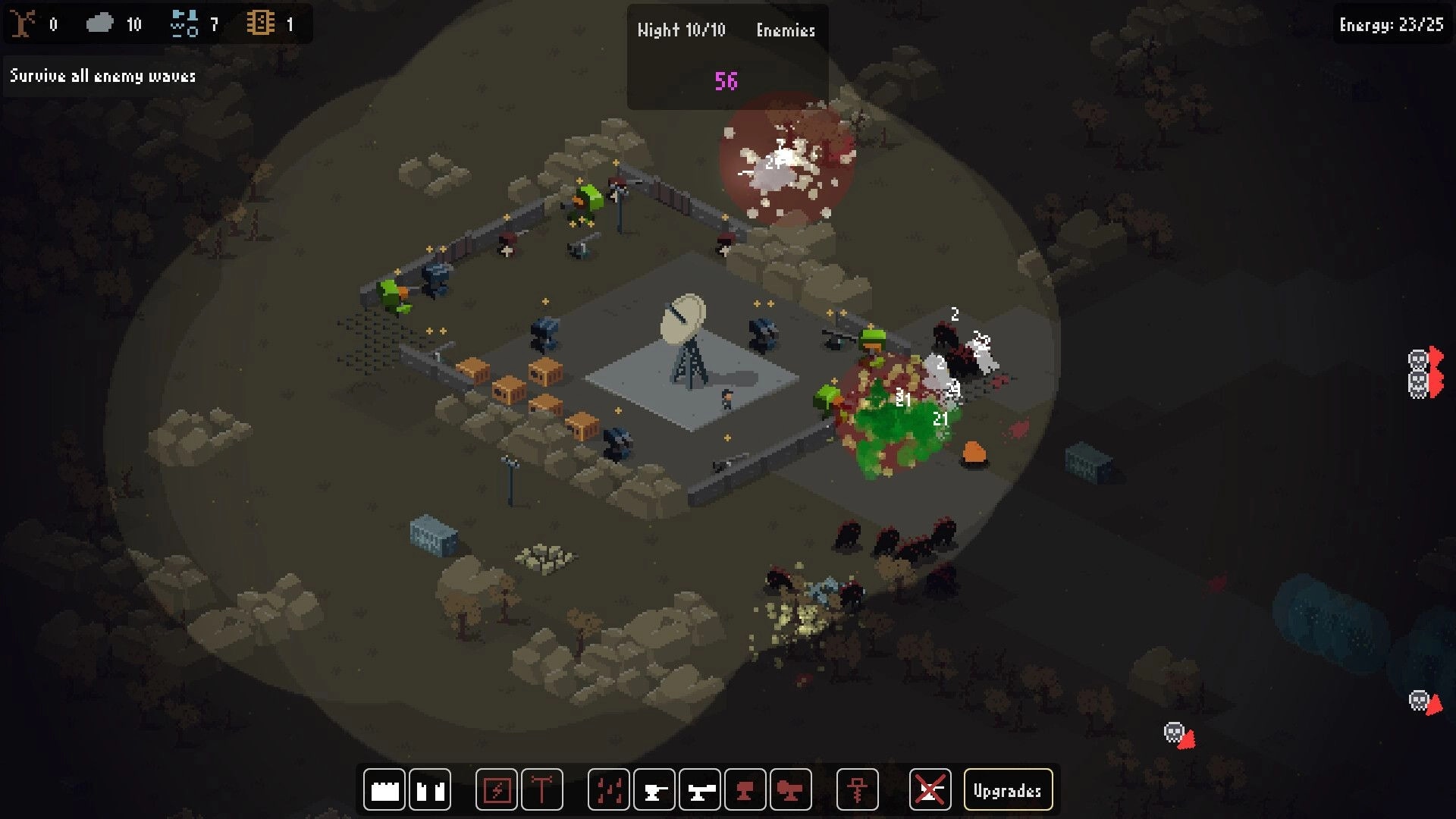 Signal Zone: Defending base during night with radar dish, enemies attacking, and upgrade options visible