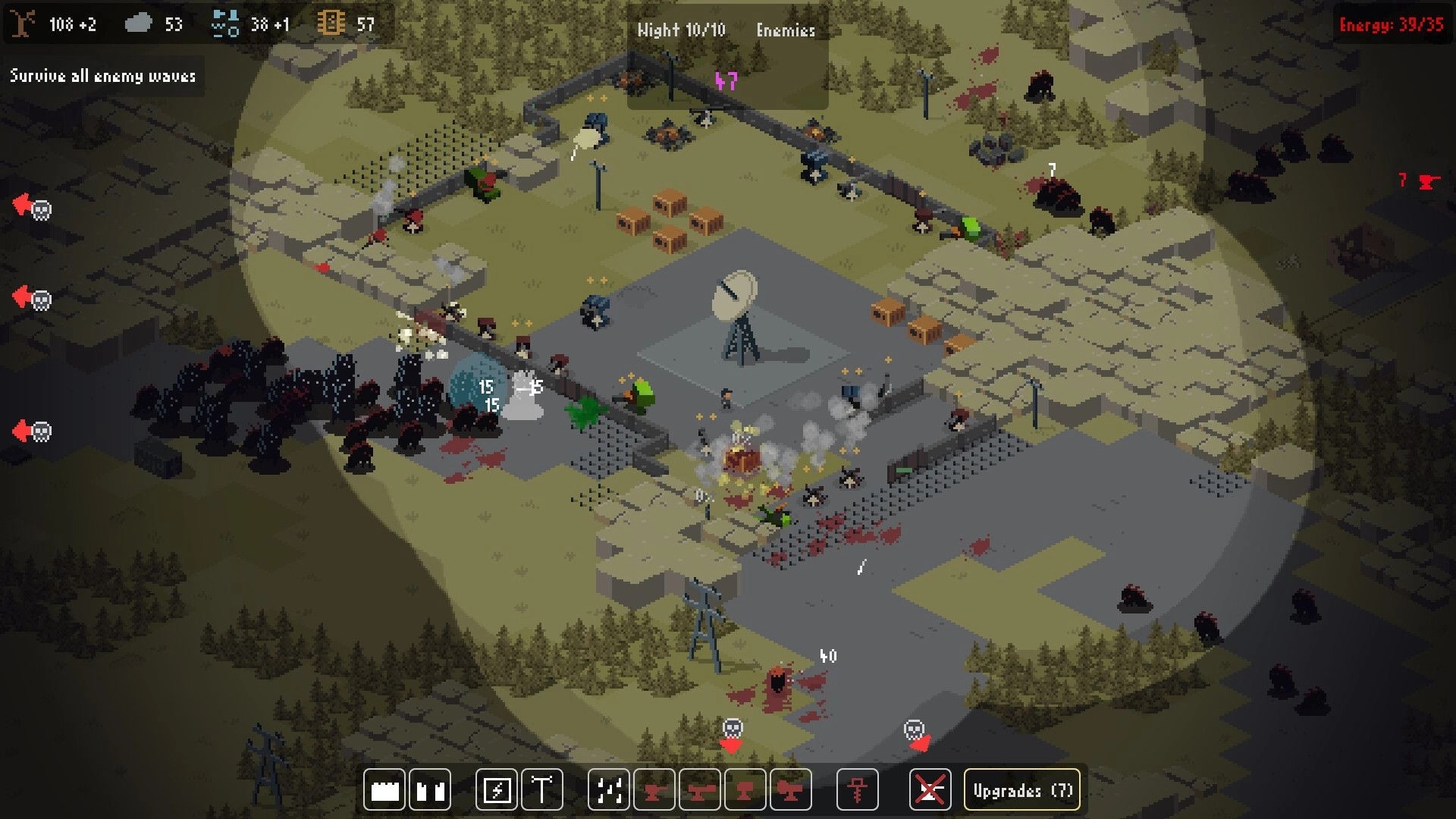 Signal Zone: Defending base at night against enemies with strategic barricades and resources displayed