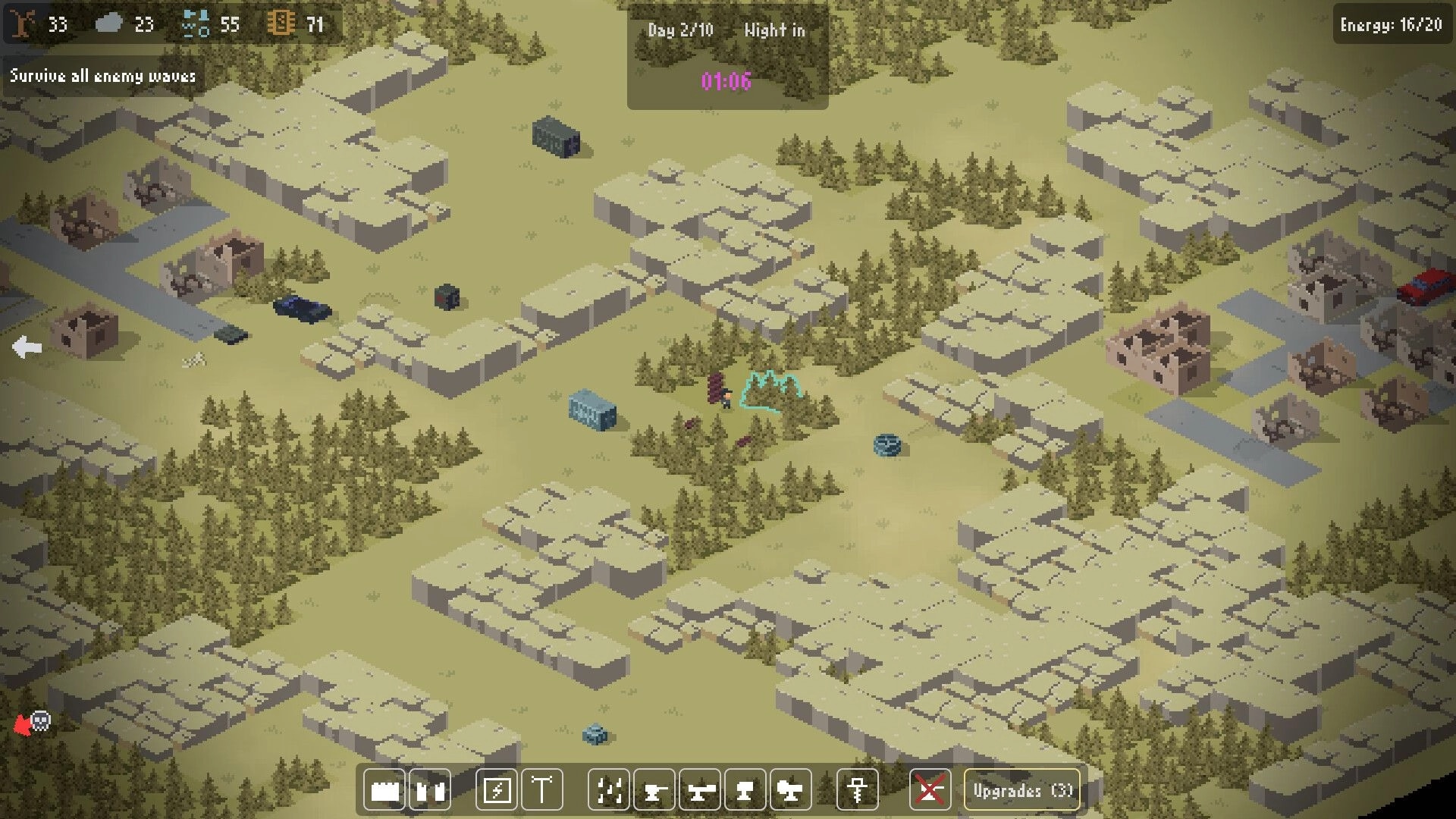 Signal Zone: Overhead view of base surrounded by trees, preparing for enemy waves in pixelated terrain