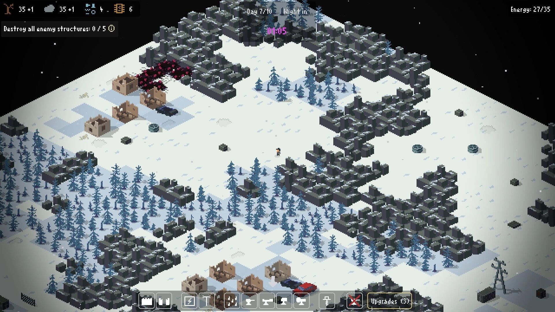 Signal Zone: A lone character moves through snowy terrain with trees, ruins, and enemy structures nearby.