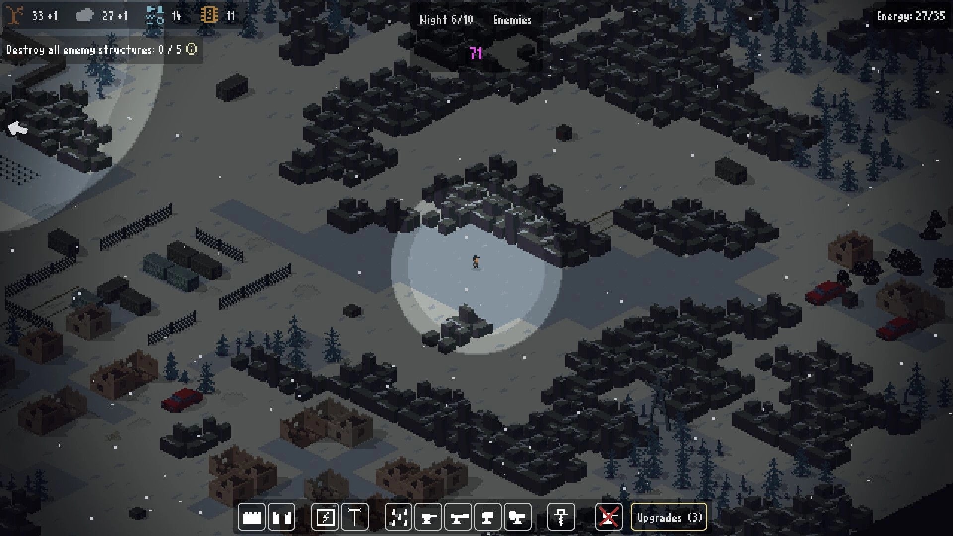 Signal Zone: Character exploring snowy terrain surrounded by enemy structures at night with UI overlay.