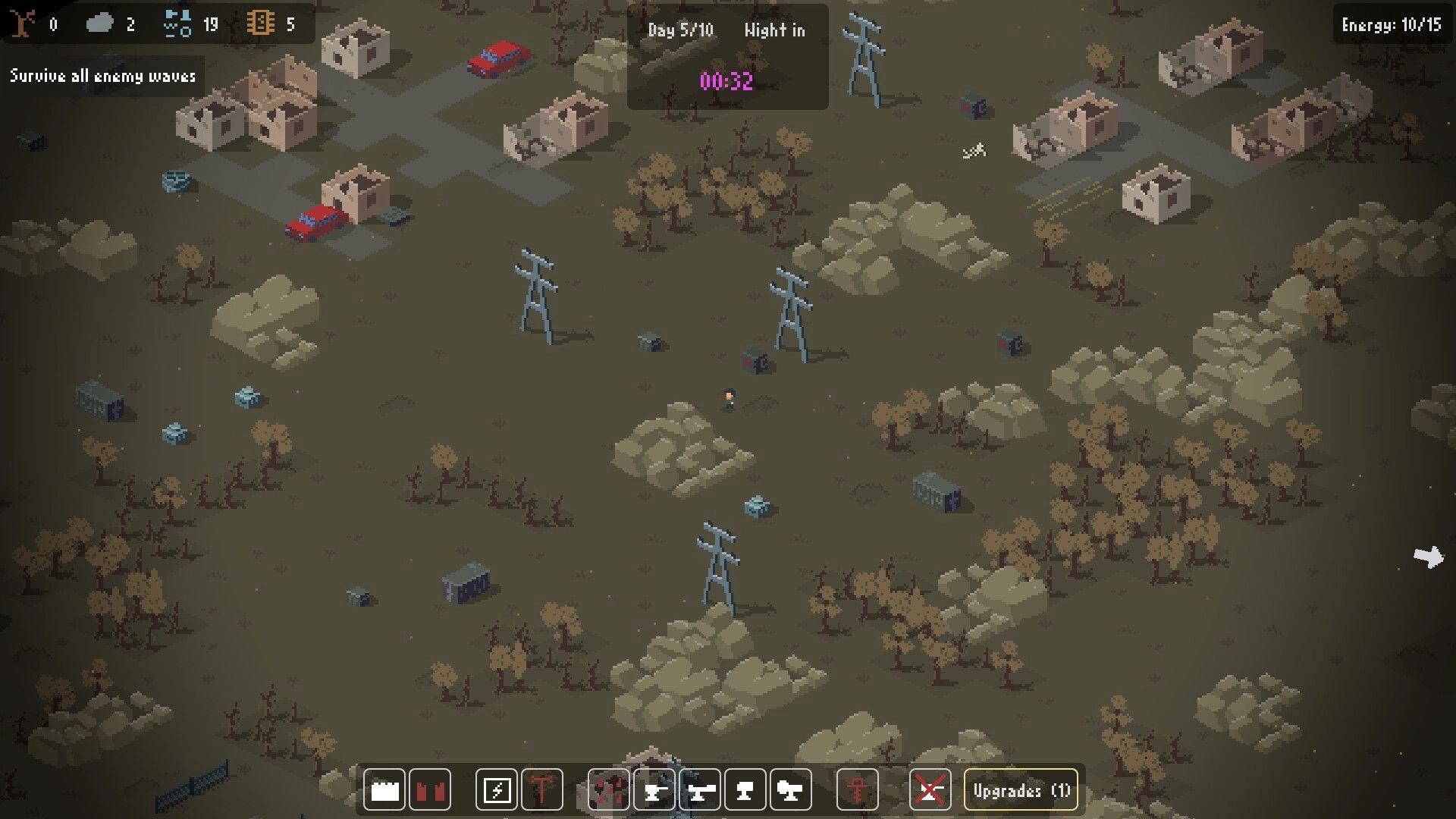 Signal Zone: Overhead view of a pixelated landscape with buildings, vehicles, and resource icons visible.