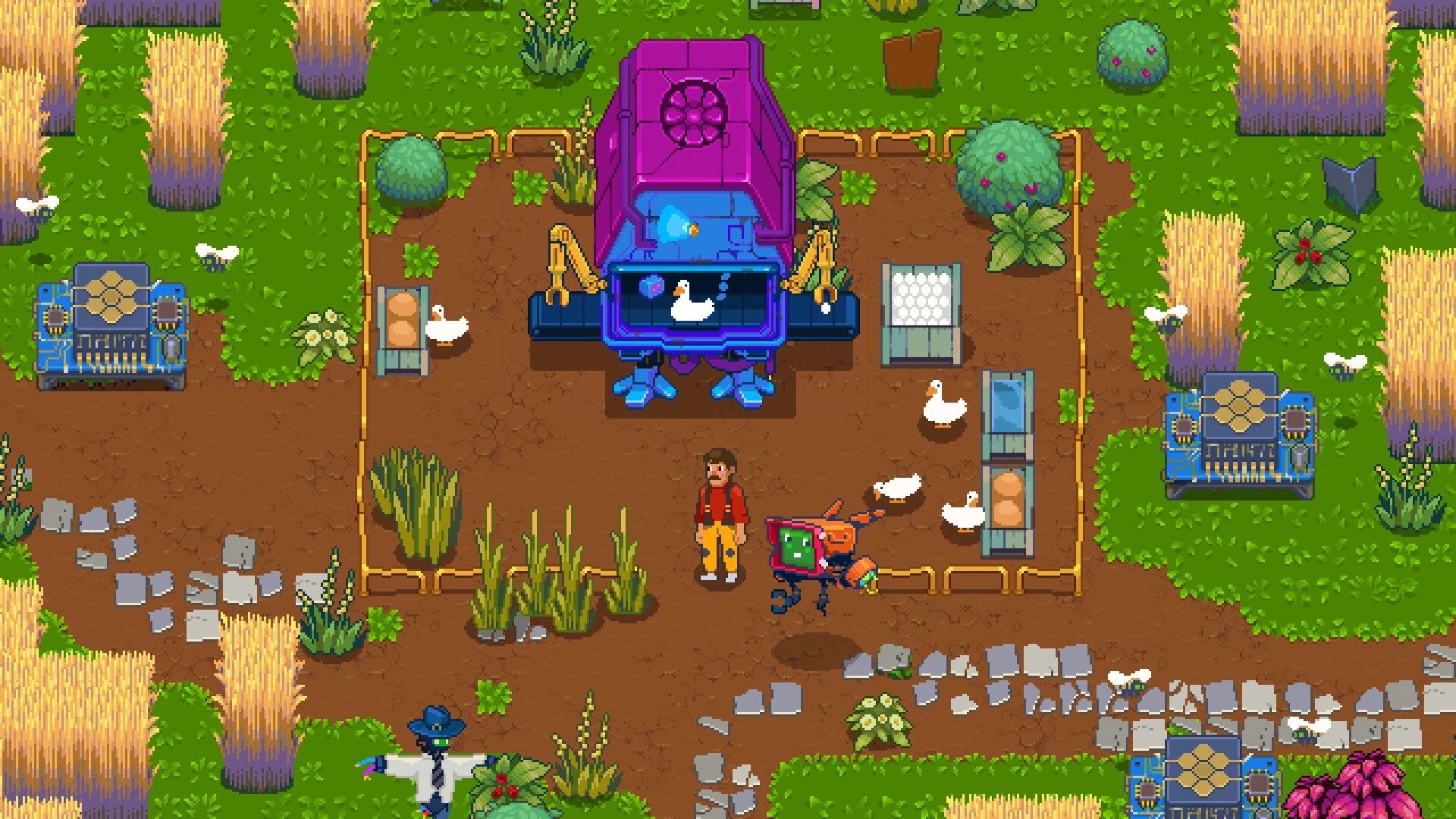 Silicone Heart: Character with robot tending ducks in vibrant meadow with machinery and crops