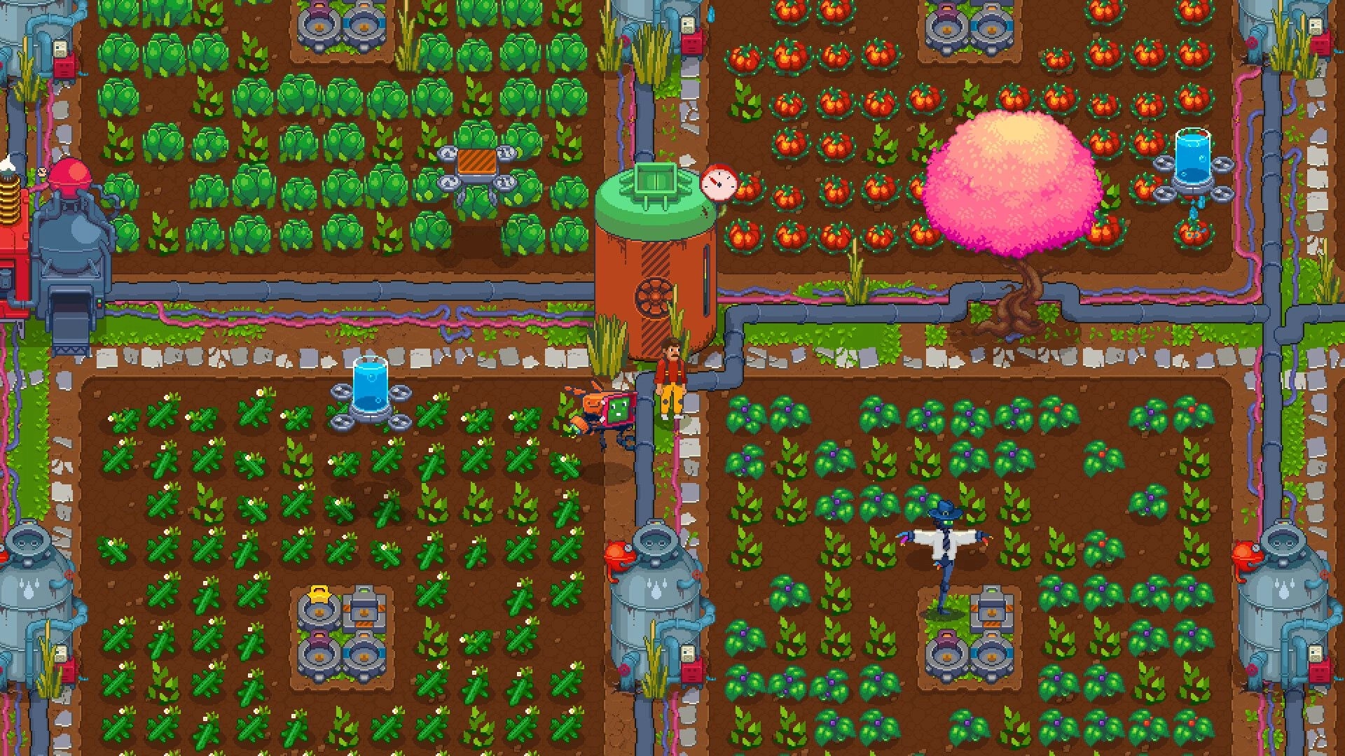 Silicone Heart: Farming area with colorful crops, central silo, robots, and a pink tree on junkyard planet.