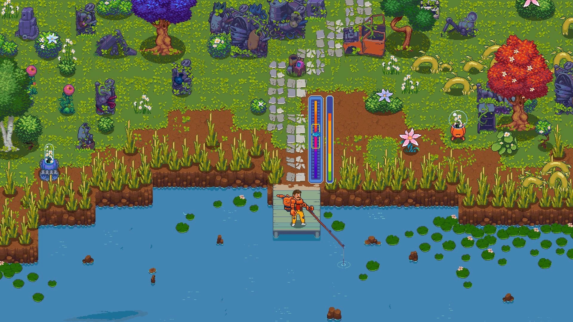 Silicone Heart: Player fishing on a dock surrounded by lush greenery and scattered robot parts