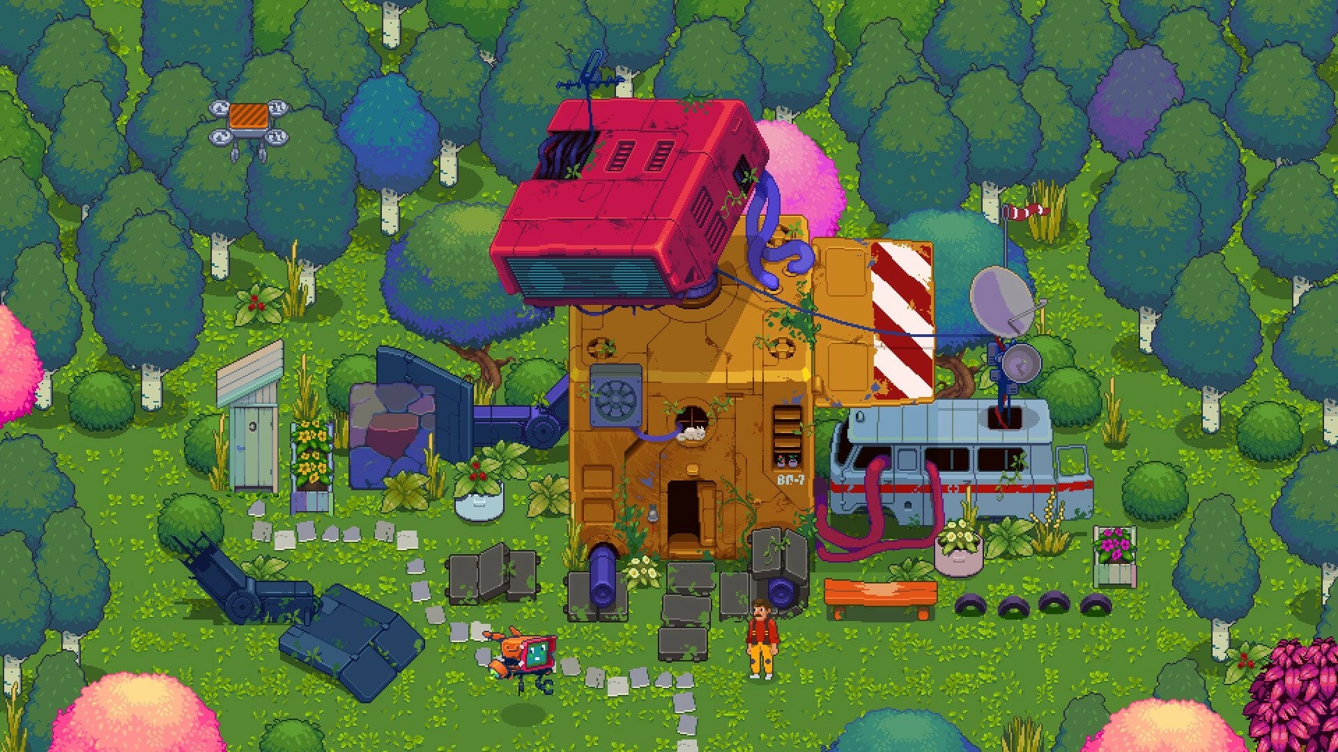 Silicone Heart: Player character explores a colorful forest base with robots and machinery components
