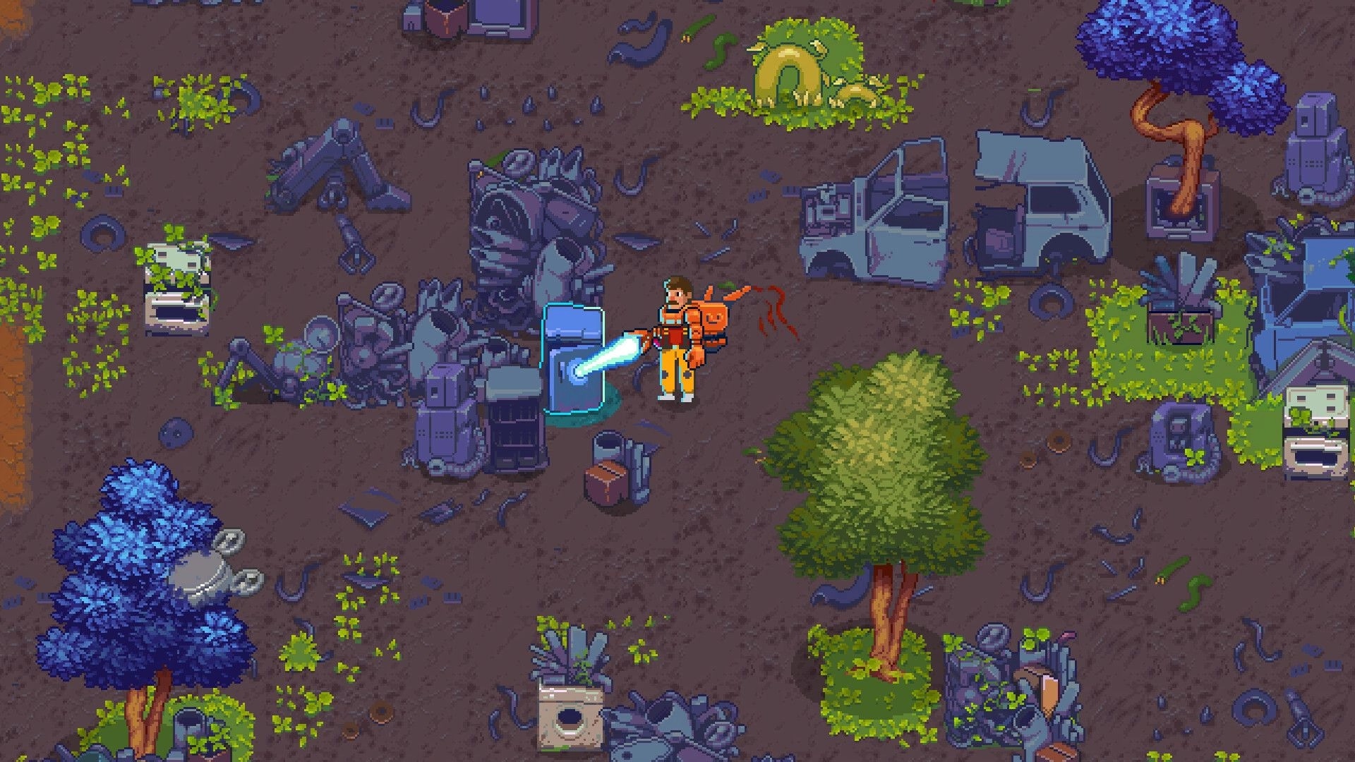Silicone Heart: Character using a tool on a broken robot amidst scattered machinery and lush greenery.