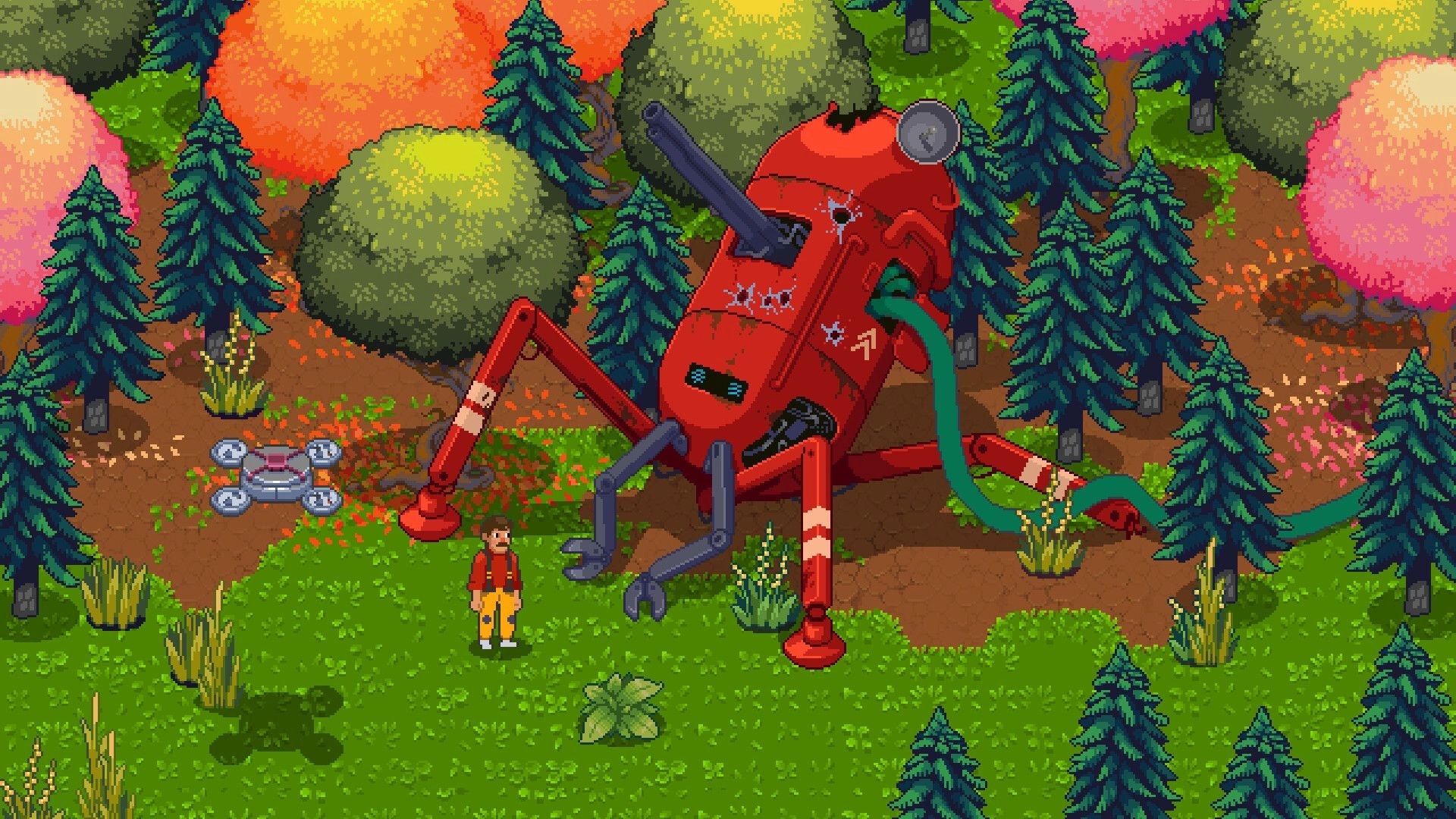 Silicone Heart: Character explores colorful forest with large broken red robot and hovering drone nearby