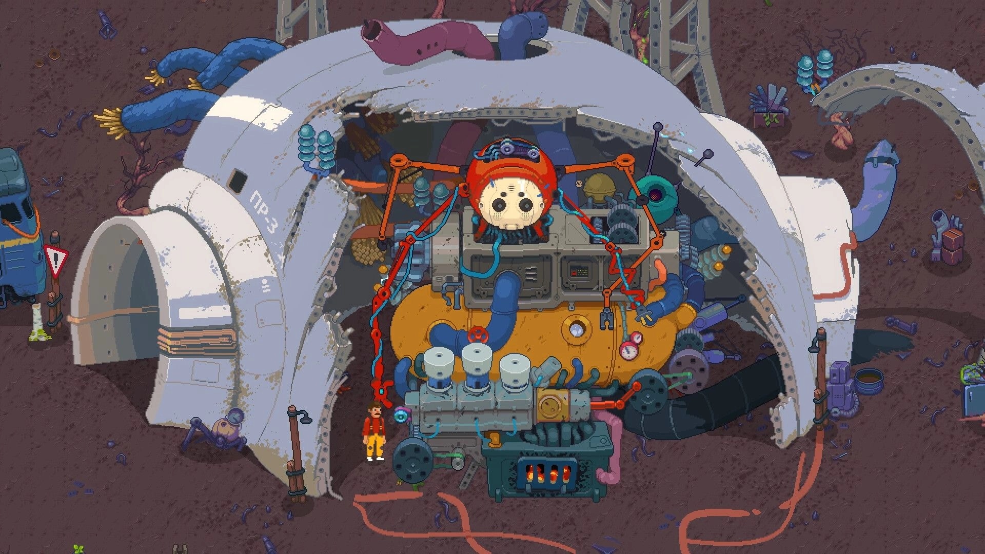 Silicone Heart: Player character exploring a dome with machinery and robot parts on a junkyard planet