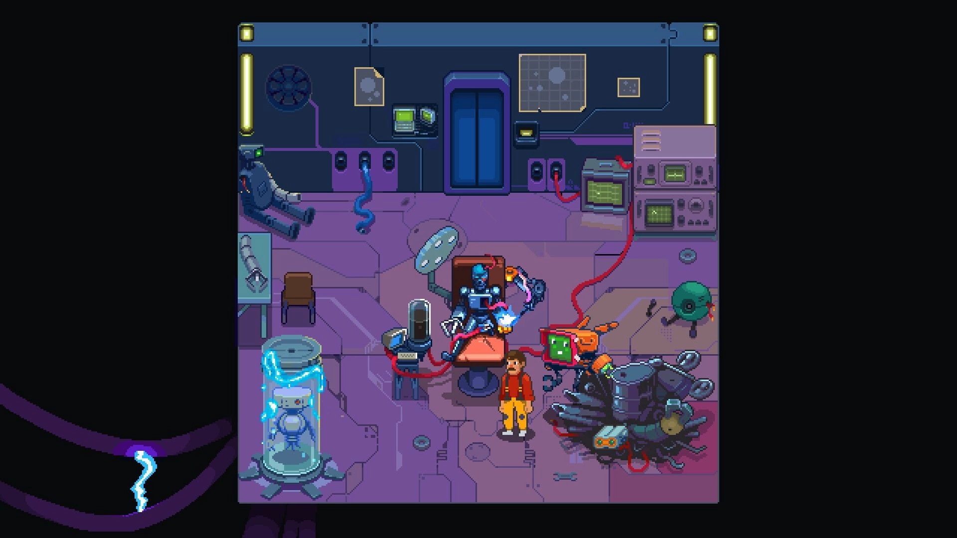Silicone Heart: Character repairing robot in a cluttered workshop with various machinery and gadgets