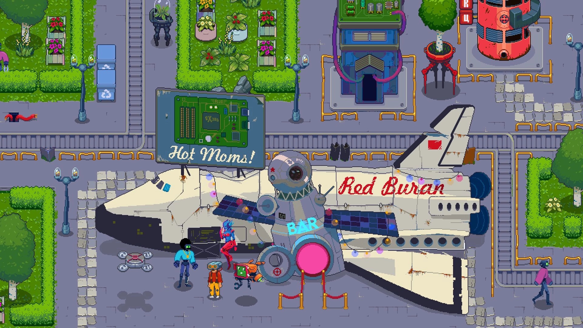 Silicone Heart: Characters and robots gather near a spaceship bar in a colorful junkyard garden setting.
