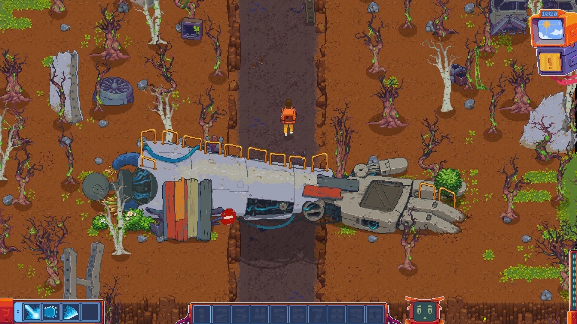 Silicone Heart: Player explores junkyard path alongside derelict machinery and barren trees