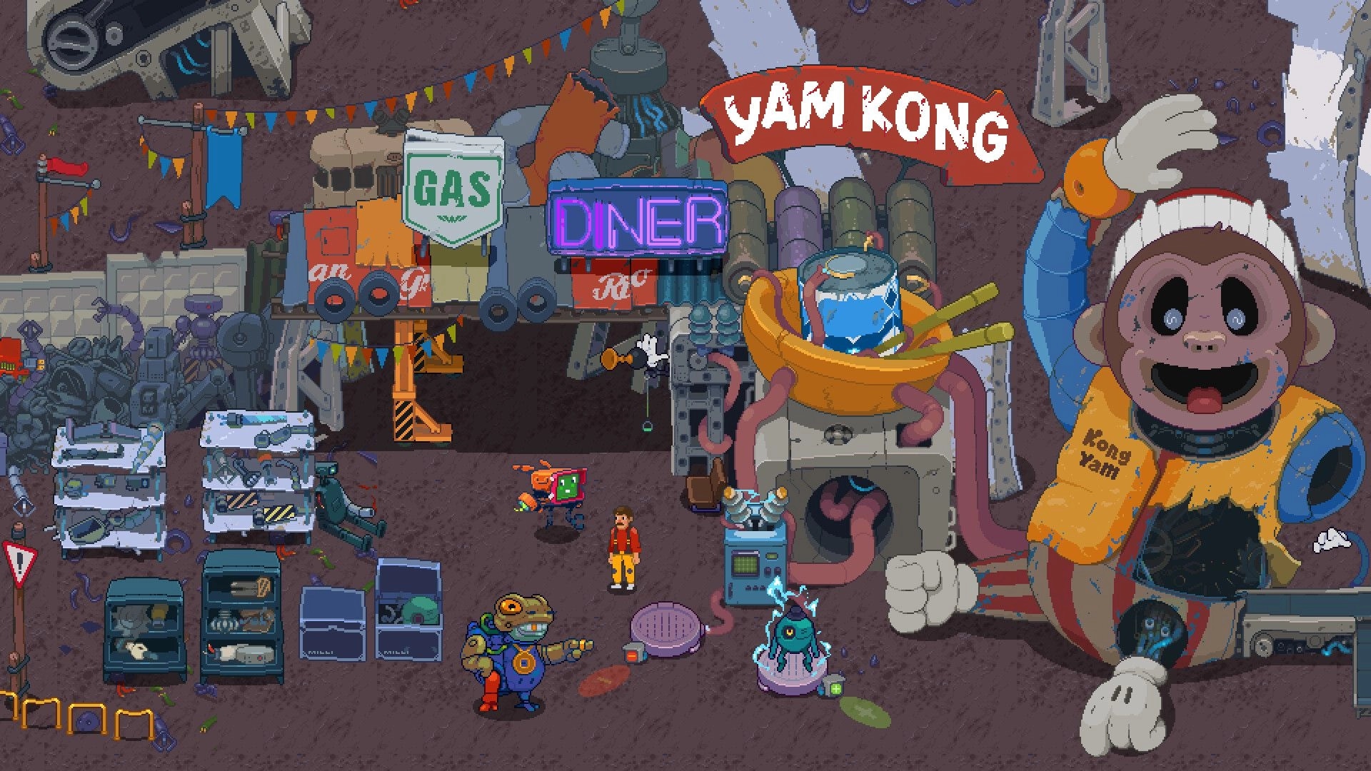 Silicone Heart: Characters explore junkyard near "Yam Kong" diner with robots and machinery around.