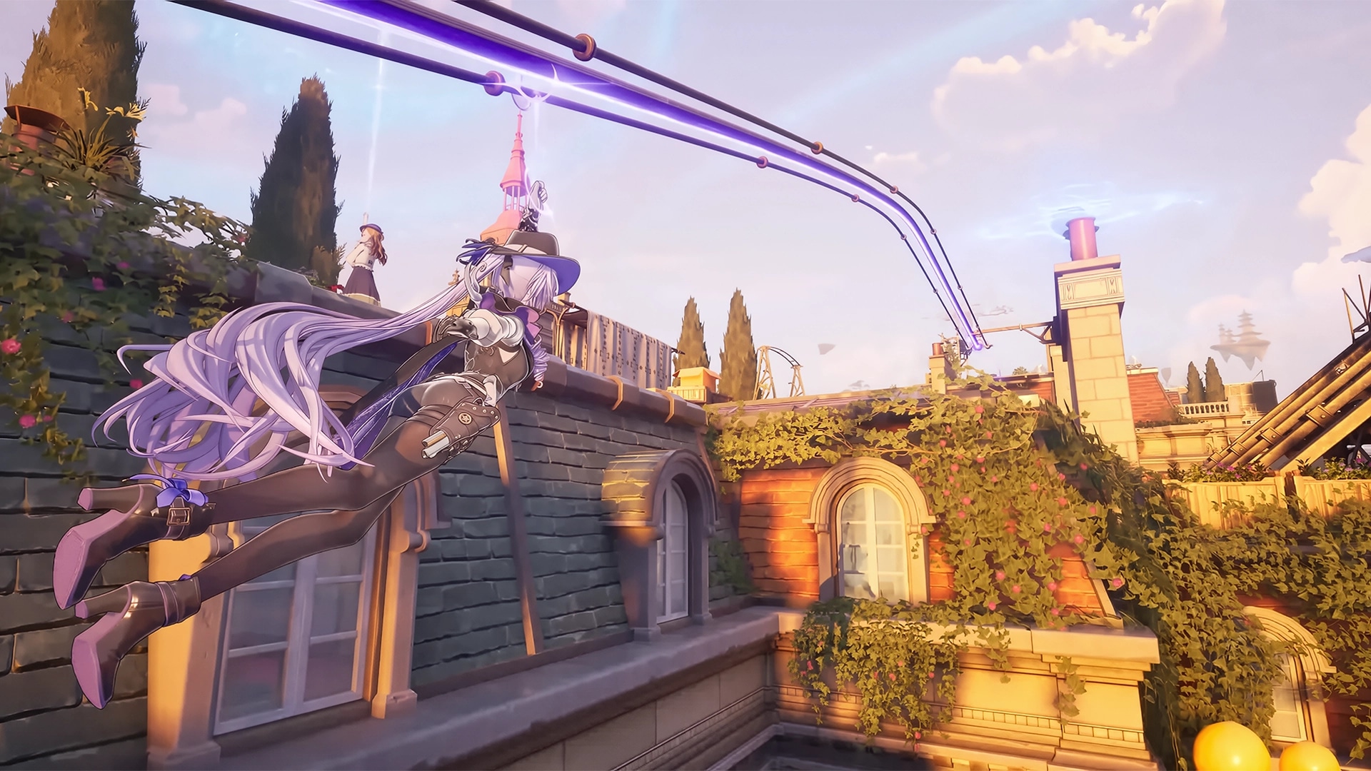 Silver Palace: Player character launches through the air using a glowing grapple line, striking toward enemies across ivy-covered rooftops in warm daylight.