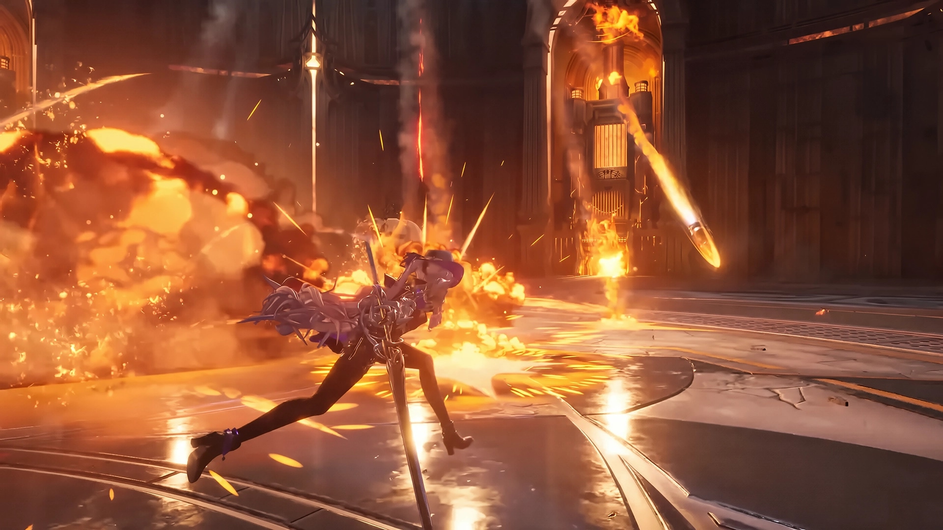Silver Palace: Player character charges through a fiery boss arena as explosions erupt around towering machinery, with molten light reflecting across the polished floor.