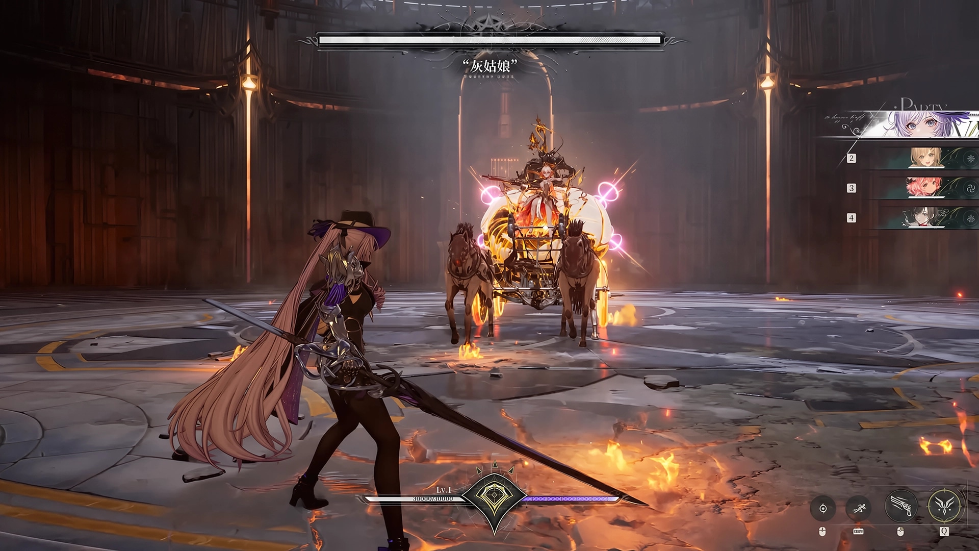 Silver Palace: Player character faces a dramatic boss riding a flaming mechanical carriage pulled by horses inside a grand circular arena lit by fire and metal fixtures.