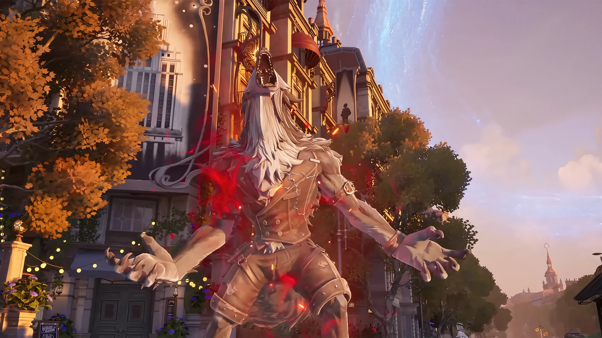 Silver Palace: Towering humanoid monster erupts with red energy in a city street, framed by autumn trees and ornate buildings under a glowing sky.