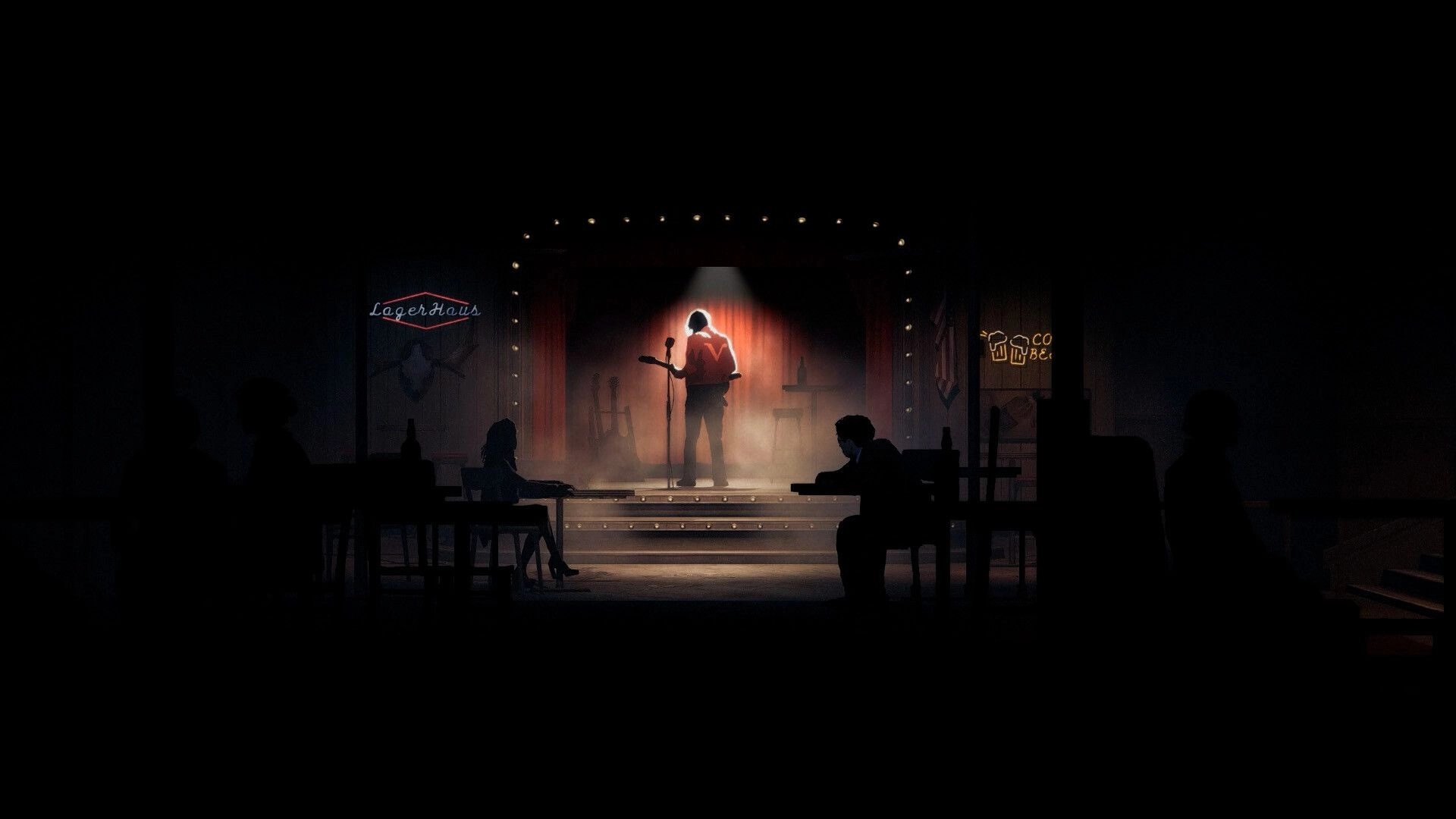 Silver Pines: Lone guitarist under spotlight on a small bar stage, patrons in shadowy tavern seating.