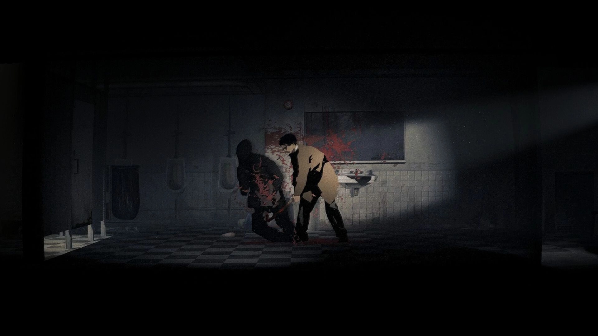 Silver Pines: Player stabs a shadowy enemy in a blood-splattered restroom with urinals and sink visible.