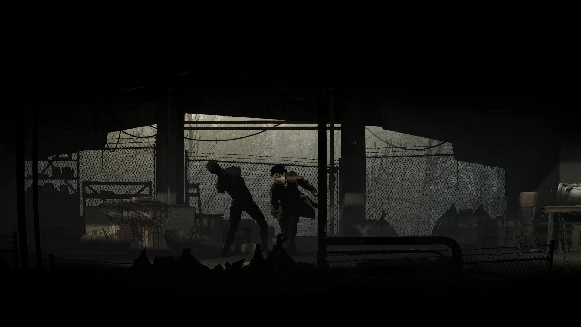 Silver Pines: Two shadowy figures fight in a dim warehouse, chain-link fence and debris in fog.