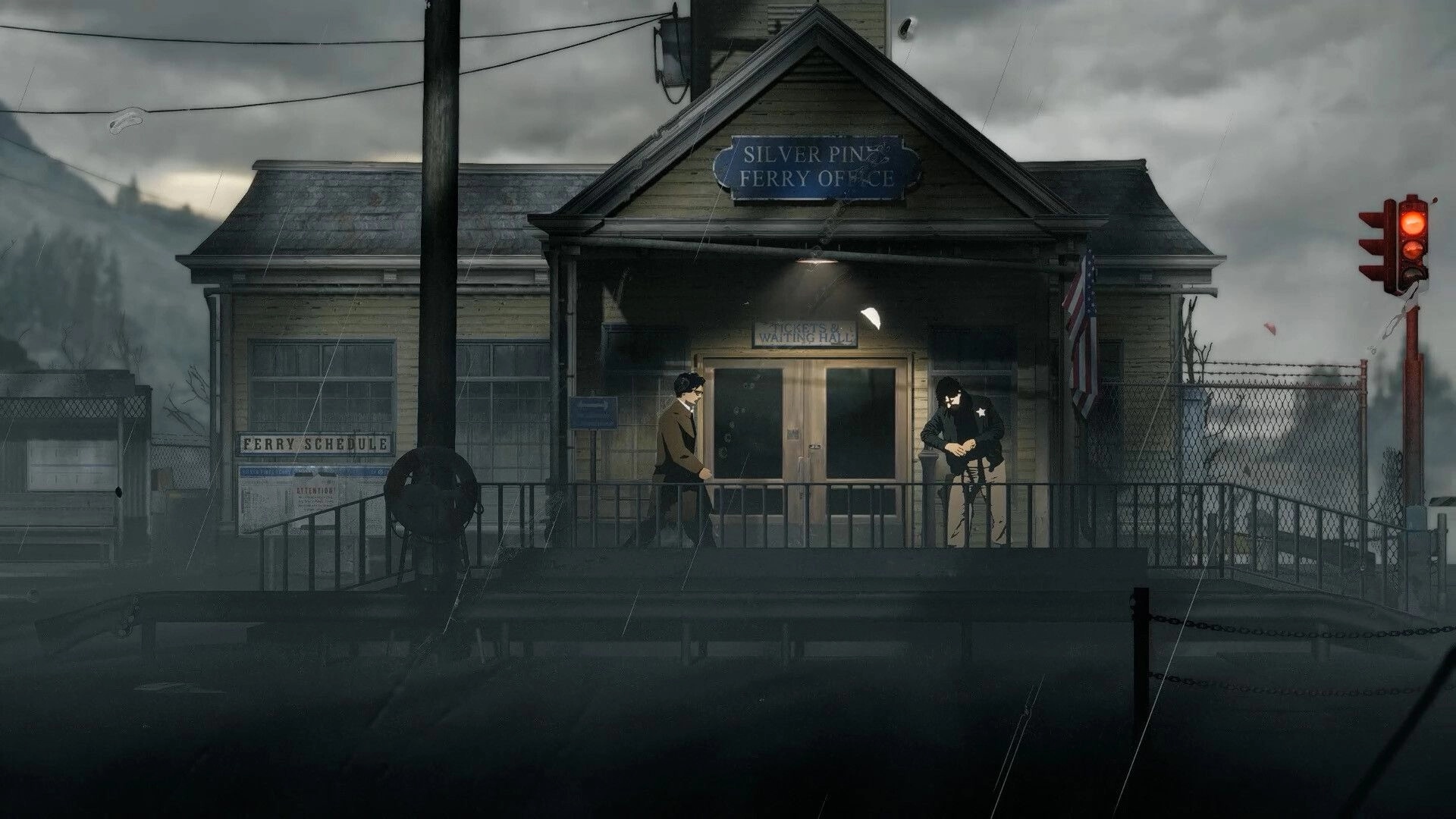Silver Pines: Player talks to a uniformed officer on ferry office porch in rain and fog at dusk.