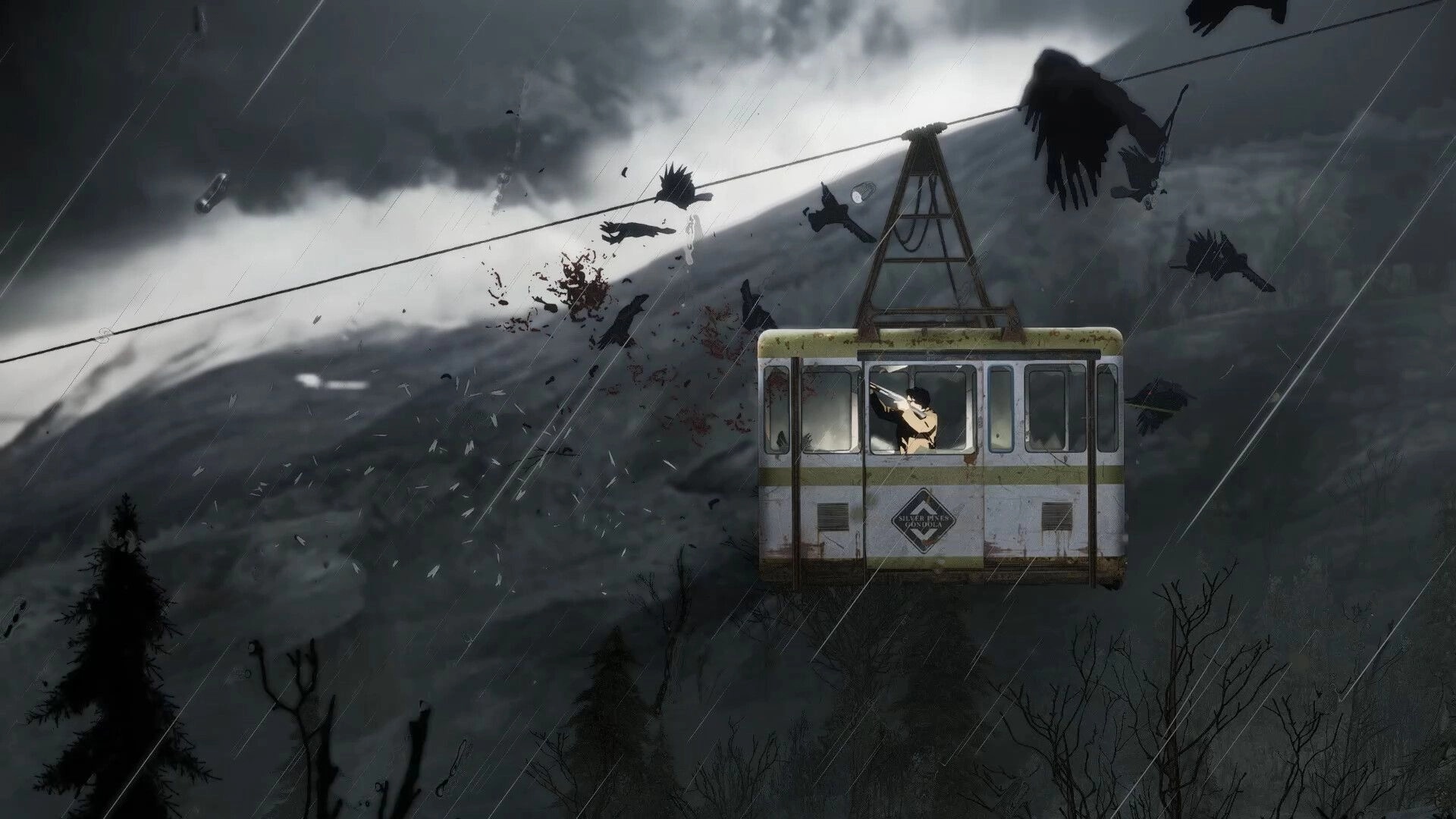 Silver Pines: Player fires shotgun from a rain-soaked gondola as crows explode across stormy sky.