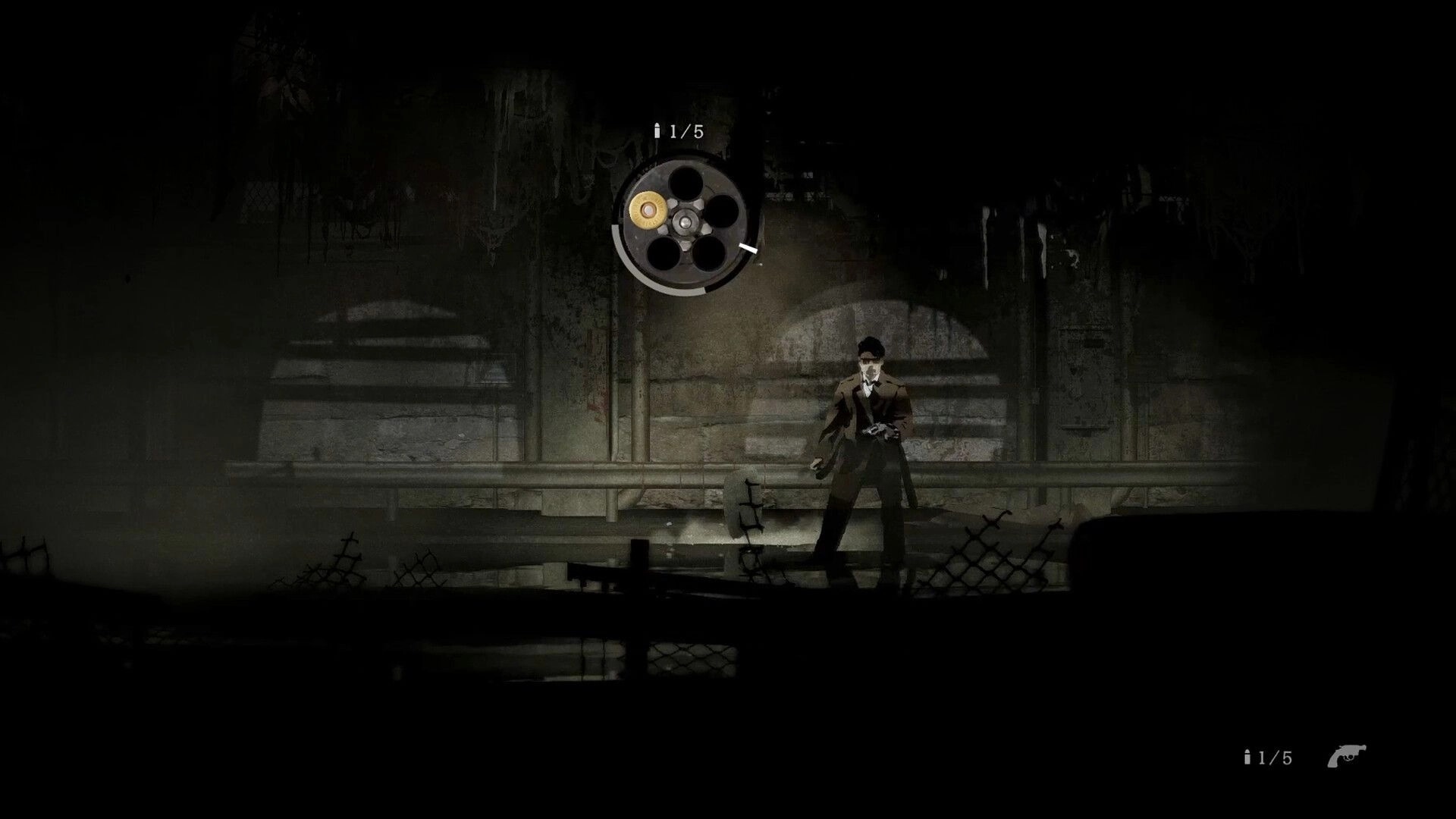 Silver Pines: Trench-coated man aims a pistol as ammo wheel UI hovers in a foggy graveyard walkway.