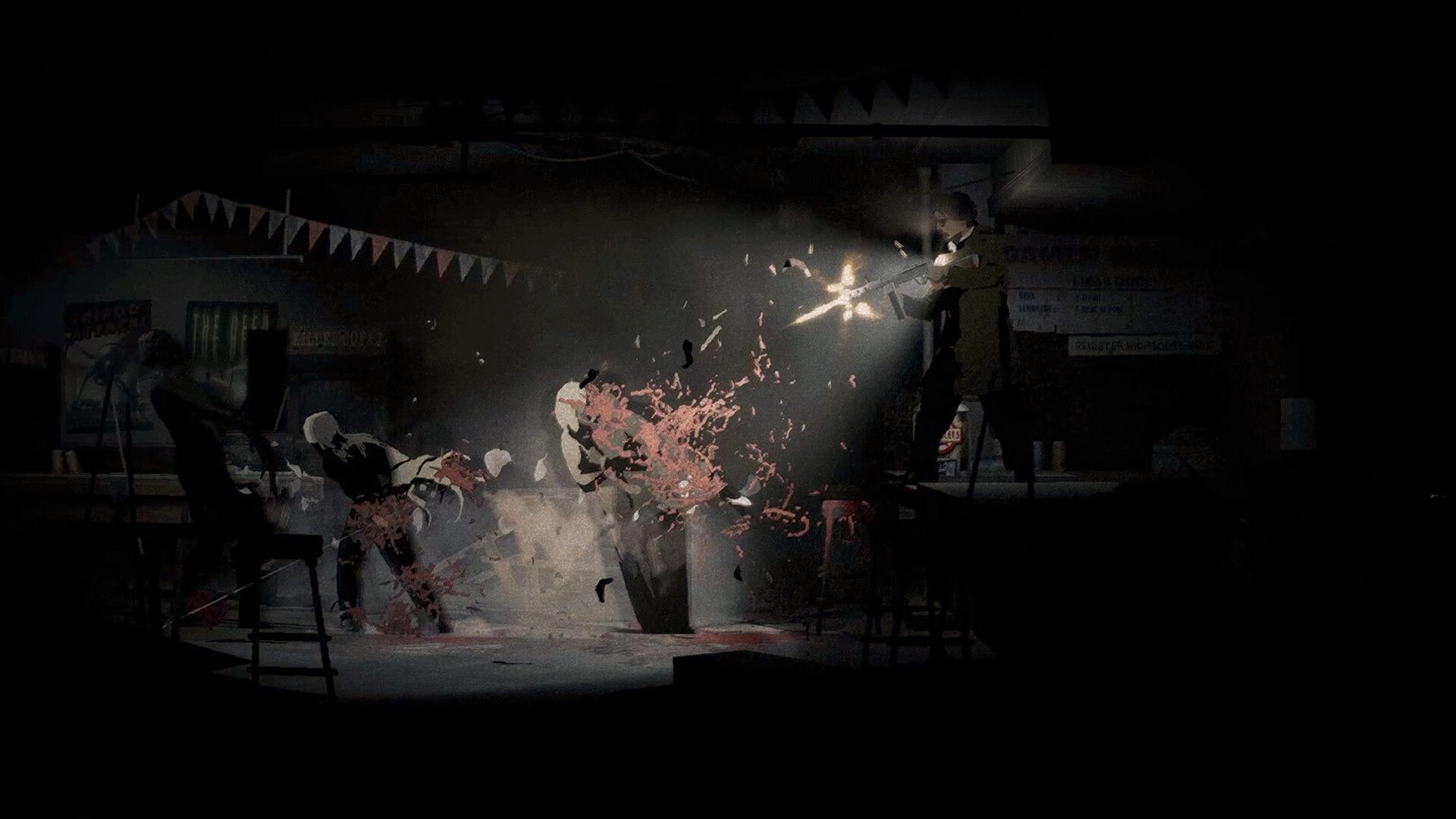 Silver Pines: Player fires shotgun at crawling monster, blood spray in a dark, cluttered bar room.