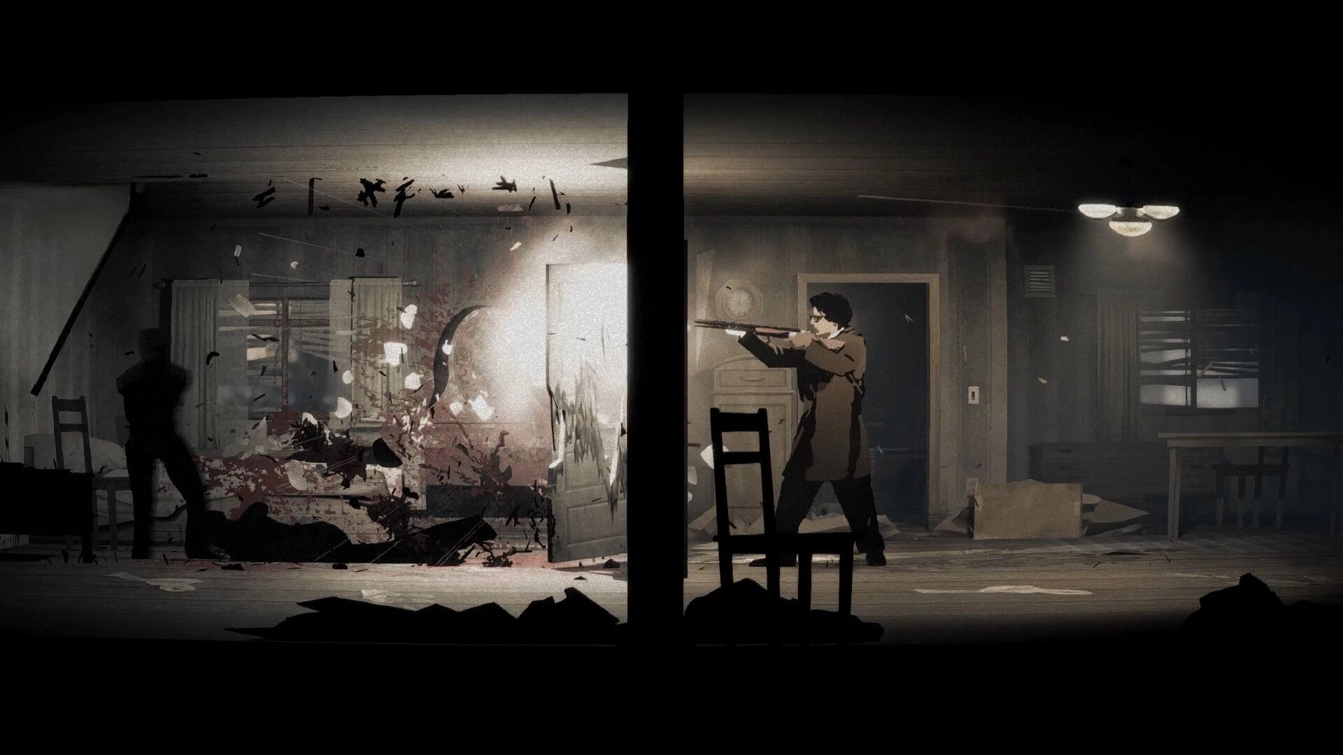 Silver Pines: Character aims a shotgun as debris and blood spray in a dim, ruined house interior.