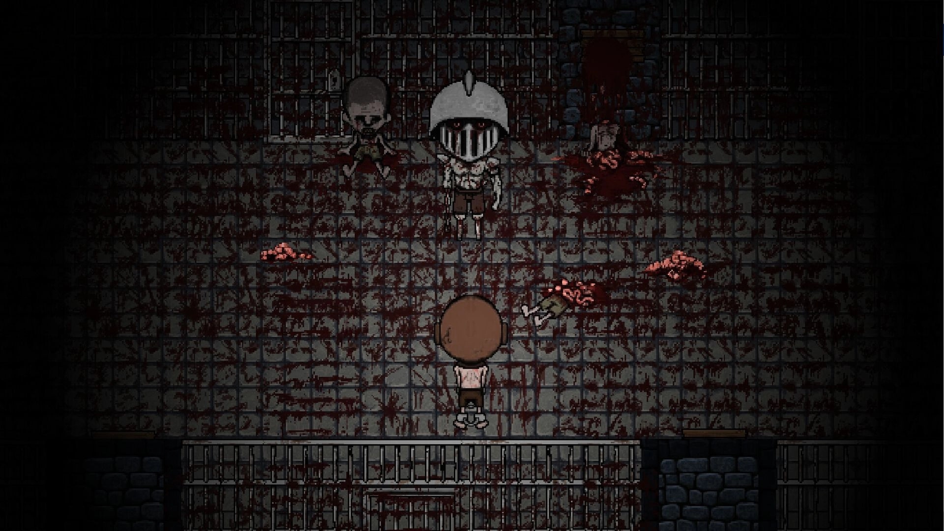 Sin or Suffer: Top-down standoff with a helmeted guard in a blood-smeared prison cellblock corridor.