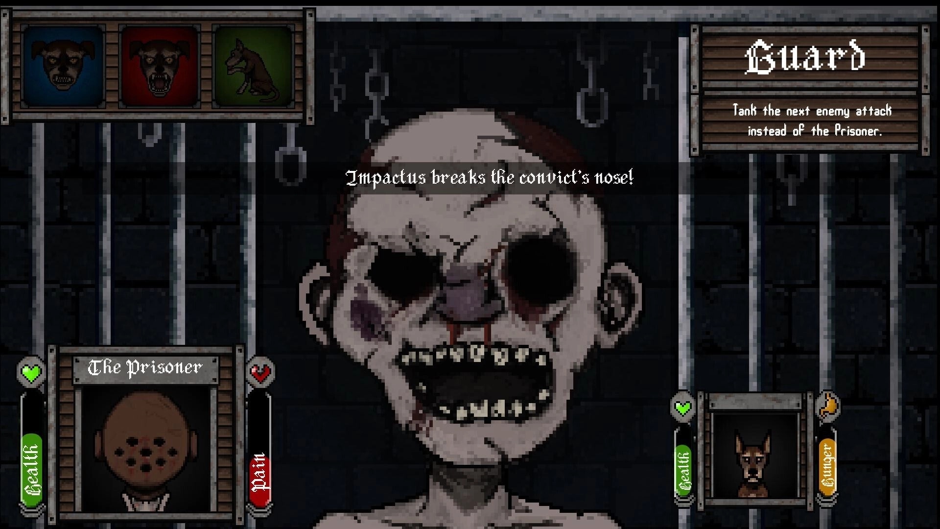 Sin or Suffer: Combat UI with Guard skill tooltip as a grotesque inmate face fills a barred cell backdrop.
