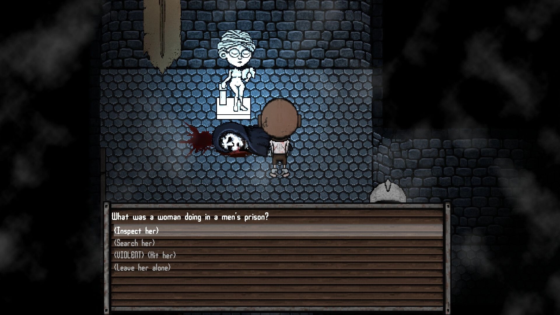 Sin or Suffer: Player faces a dead woman in a stone corridor as a choice dialogue menu appears below.
