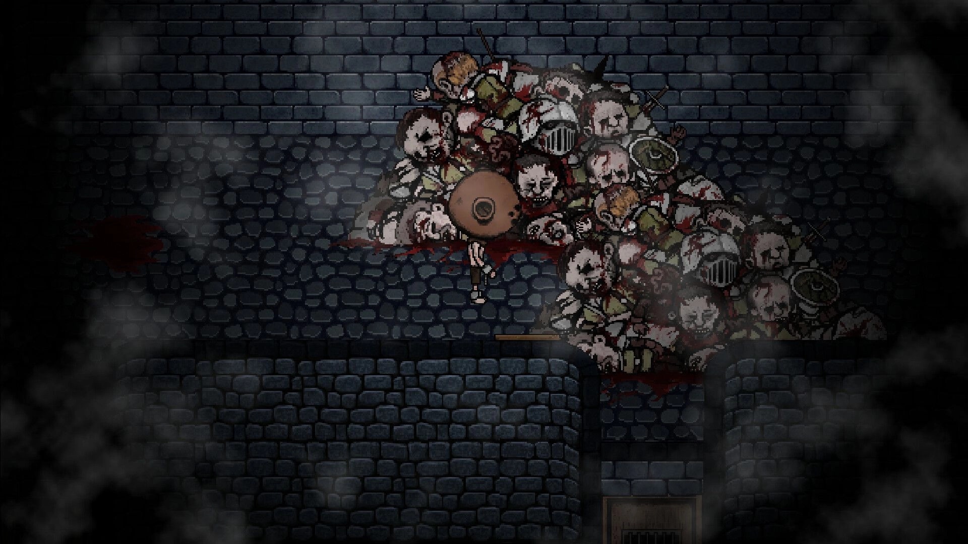 Sin or Suffer: Player stands by a bloody pile of corpses in a dark stone corridor with fog edges.