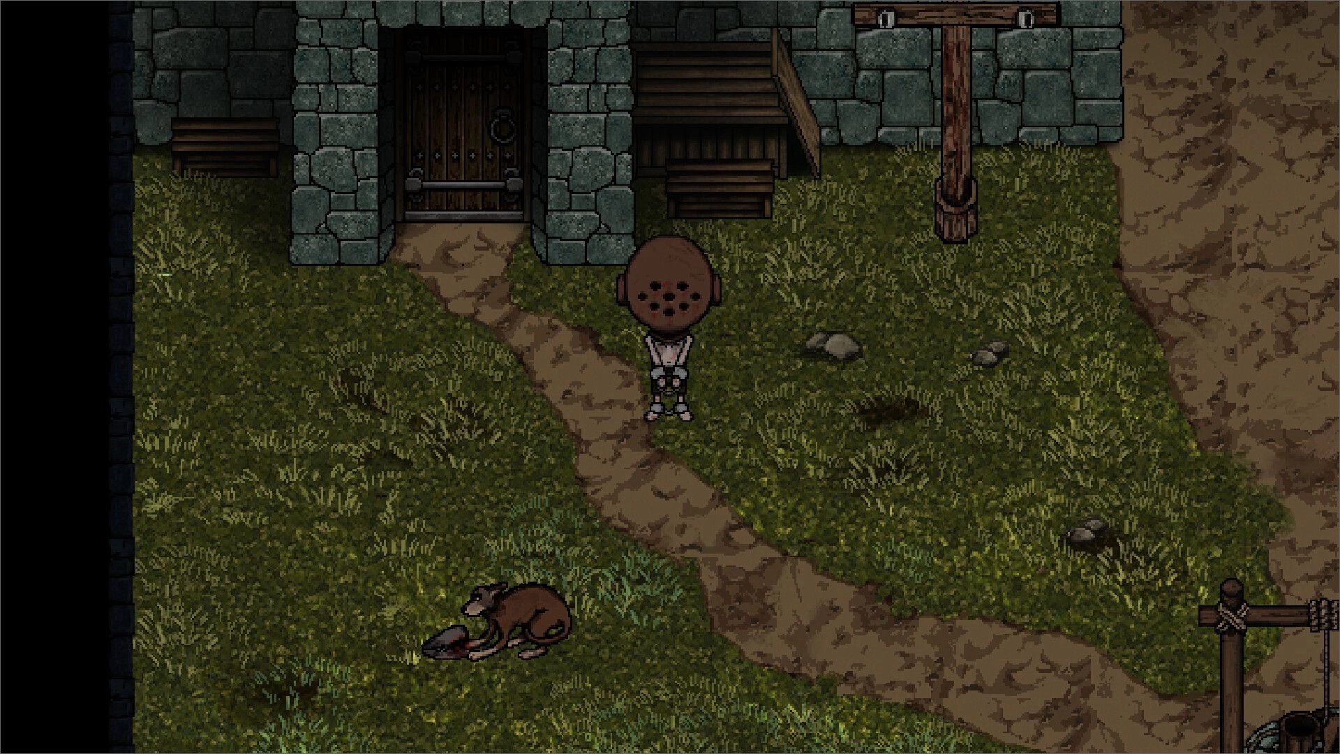 Sin or Suffer: Player stands by a stone prison door on grassy path, dead rat nearby, gallows ahead.