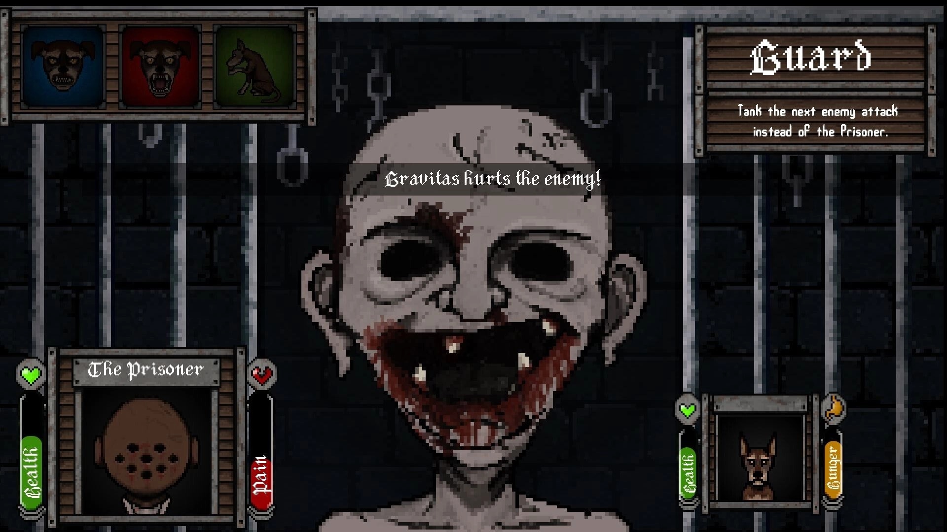 Sin or Suffer: Guard ability tooltip during battle, grotesque enemy face in dark prison cell UI.