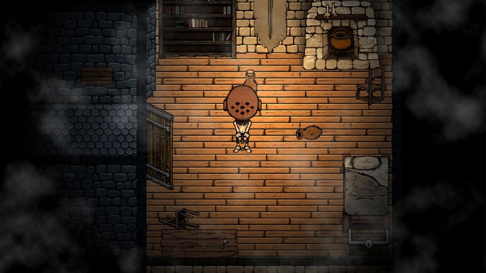 Sin or Suffer: Masked prisoner stands in a wooden cell with bed, shelves, and open iron door nearby.