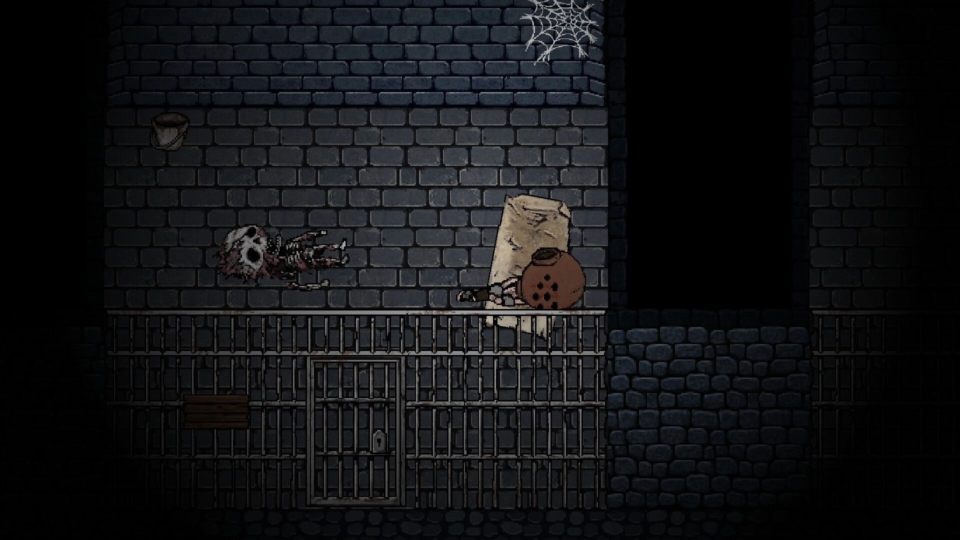 Sin or Suffer: Top-down prisoner corridor with corpse, note scroll, and barred cell door below.