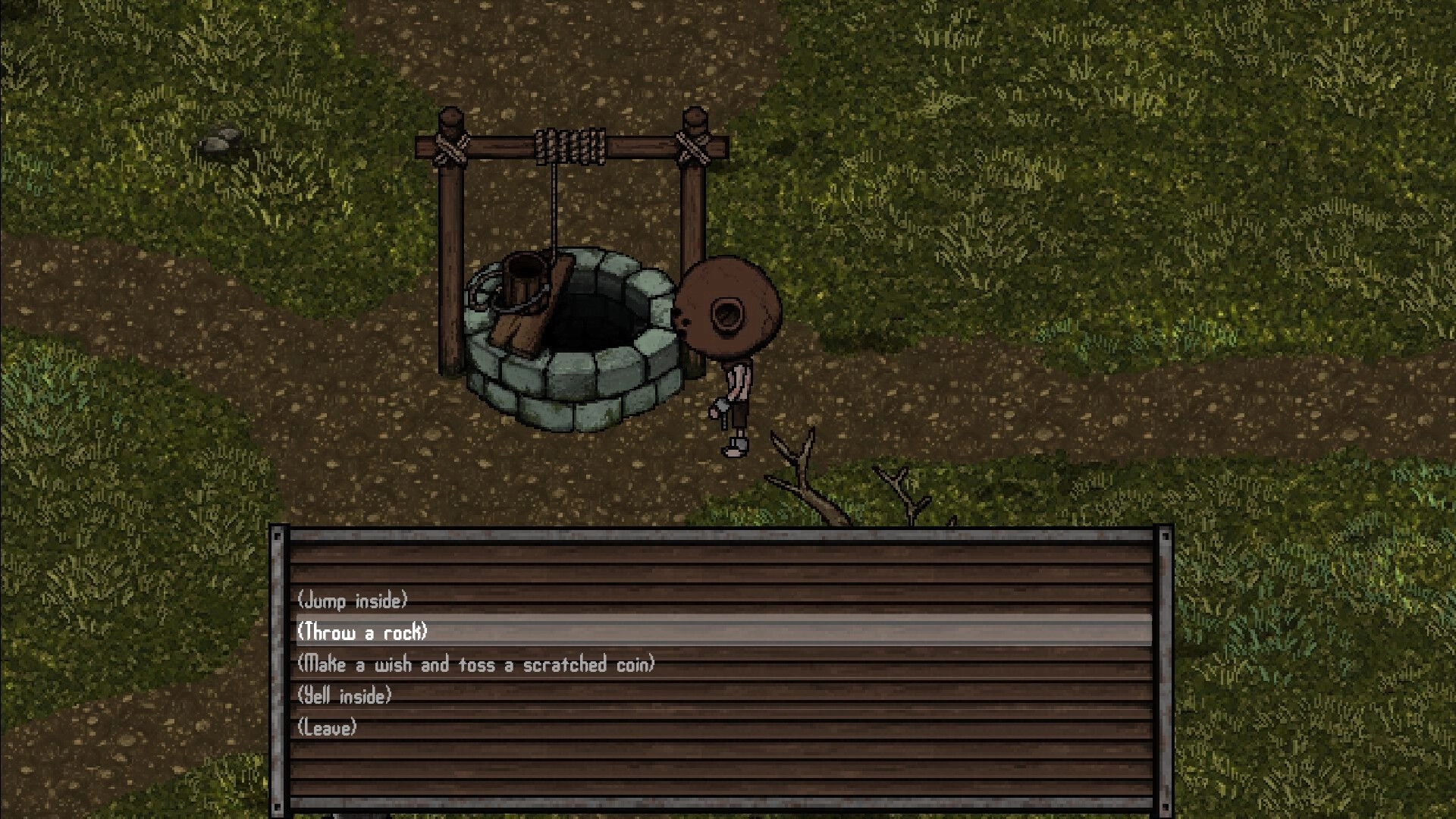 Sin or Suffer: Character at a stone well with choice menu on a grassy dirt path outdoors.