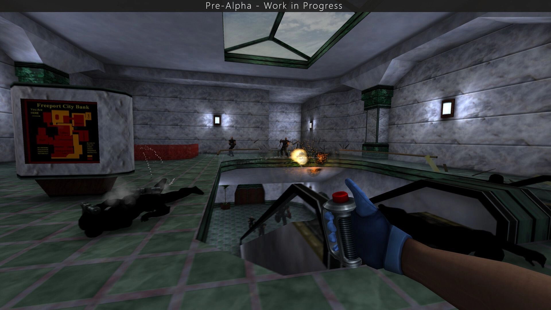 SiN Reloaded: Player holds a detonator as gunfire erupts in a marble bank atrium with guards.