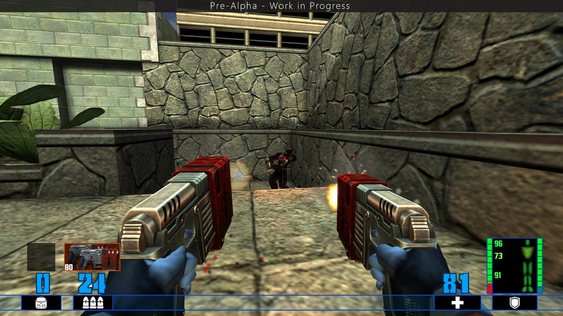 SiN Reloaded: Dual-wield pistols firing at an armored guard in a stone alley, HUD ammo and health bars.