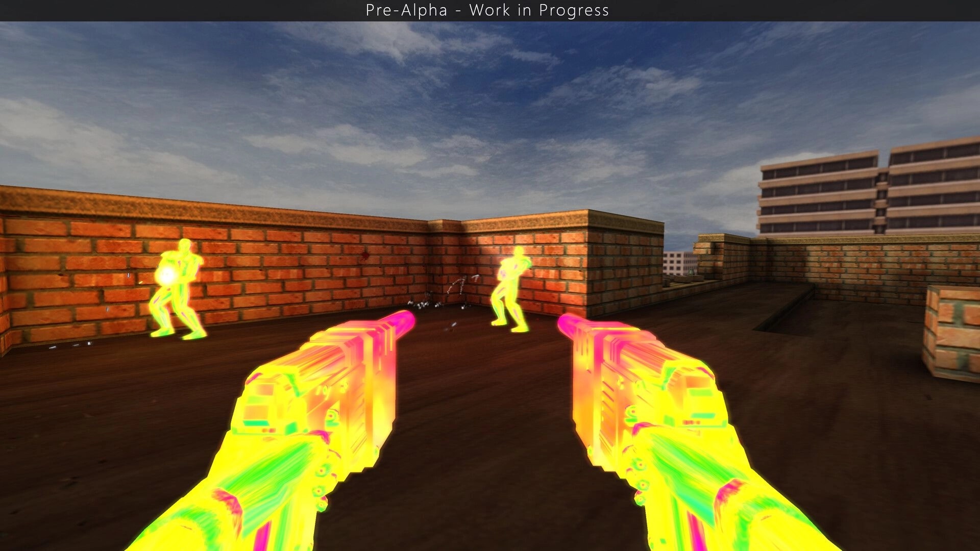 SiN Reloaded: Dual-wield pistols firing at glowing enemies on a brick rooftop under cloudy sky.