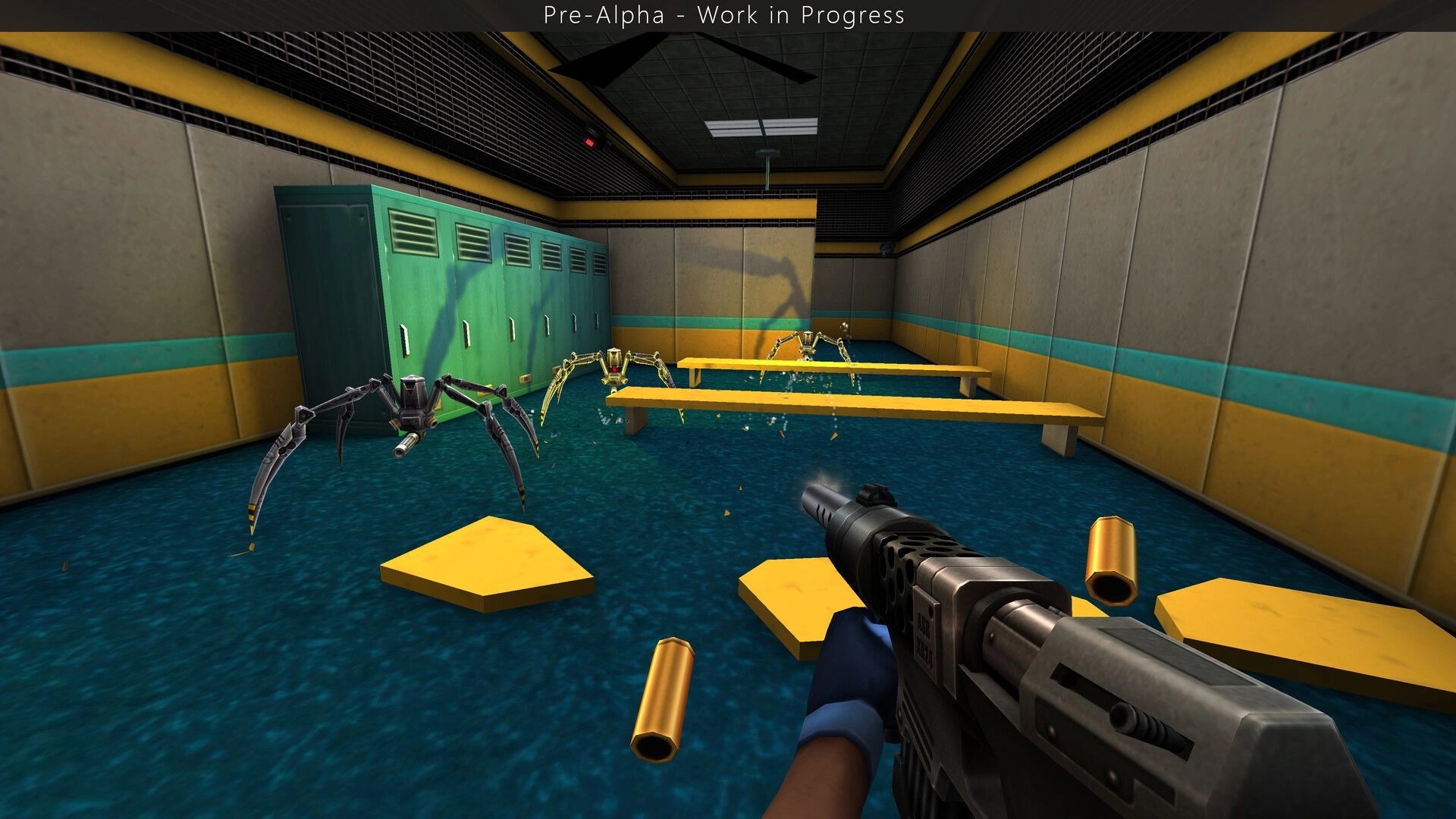 SiN Reloaded: Shotgun firefight with spider drones in a flooded locker room with benches and lockers.