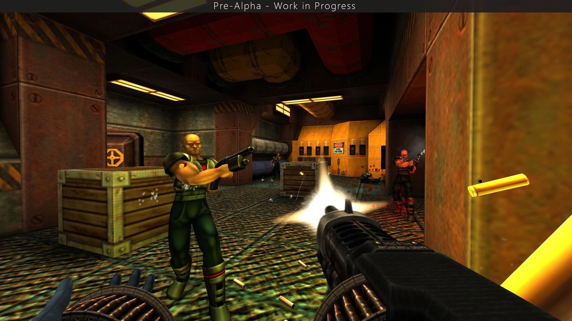 SiN Reloaded: First-person firefight with minigun against armed guards in an industrial corridor.